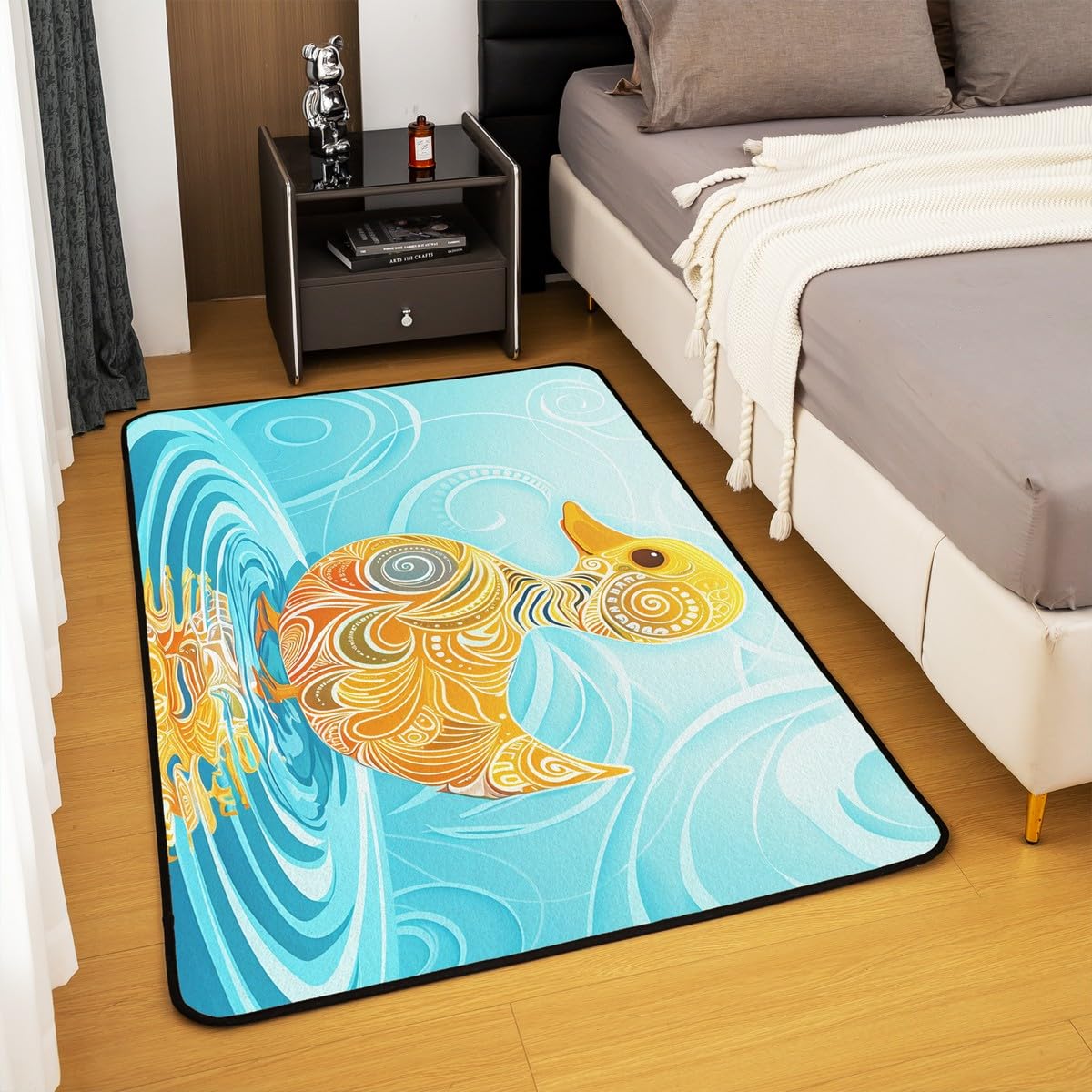 Canard de Natation Tapis Salon 150x200,Tapis Géométrique Bohème Bleu Jaune,Art Exotique Cartoon Nettoyage En Machine Nettoyage À Sec Tapis Décoratifs,Ne Tombe Pas Tapis Intérieur et Extérieur Decor
