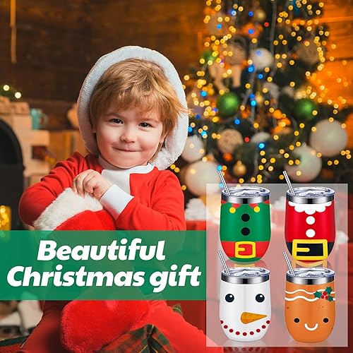 Miniatura 6 de Suclain 4 vasos de vino de Navidad de 12 onzas, taza de vino de acero inoxidable de Navidad con tapa, popote y cepillo, taza de café aislada de Papá