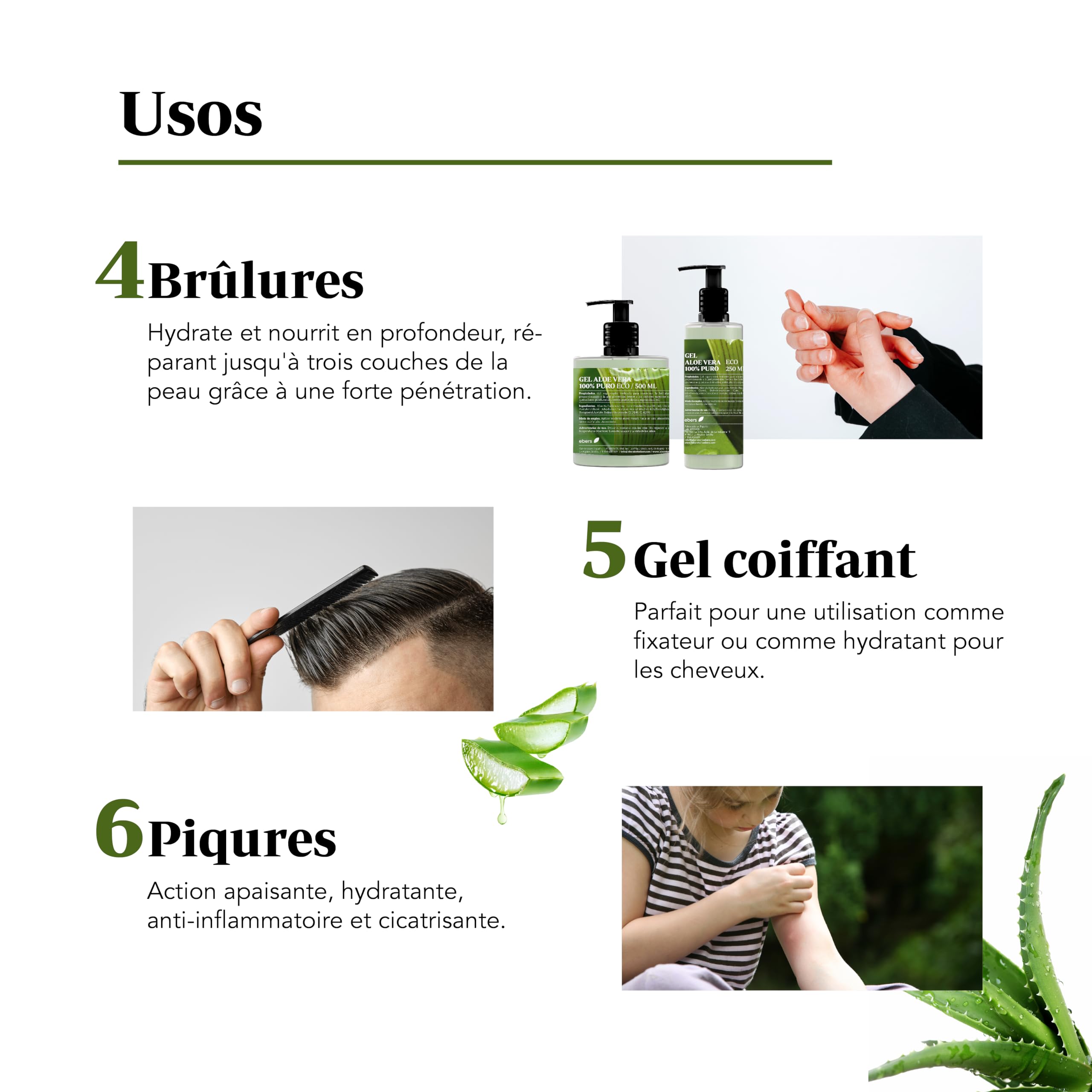 Ebers Gel d'Aloe Vera 100% Pur 250 Ml avec distributeur - Excellent hydratant pour le visage et le corps, après-soleil, épilation et brûlures.