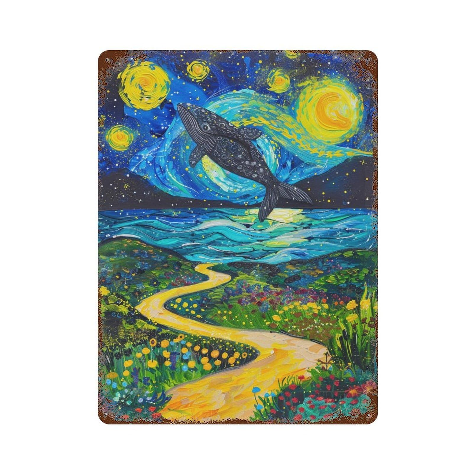 Whale Dream Pathway Painting Aged Metal Wall Plaque 15.7"x11.8", Classic Wall Plaque for Garage, Pub Or Kitchen