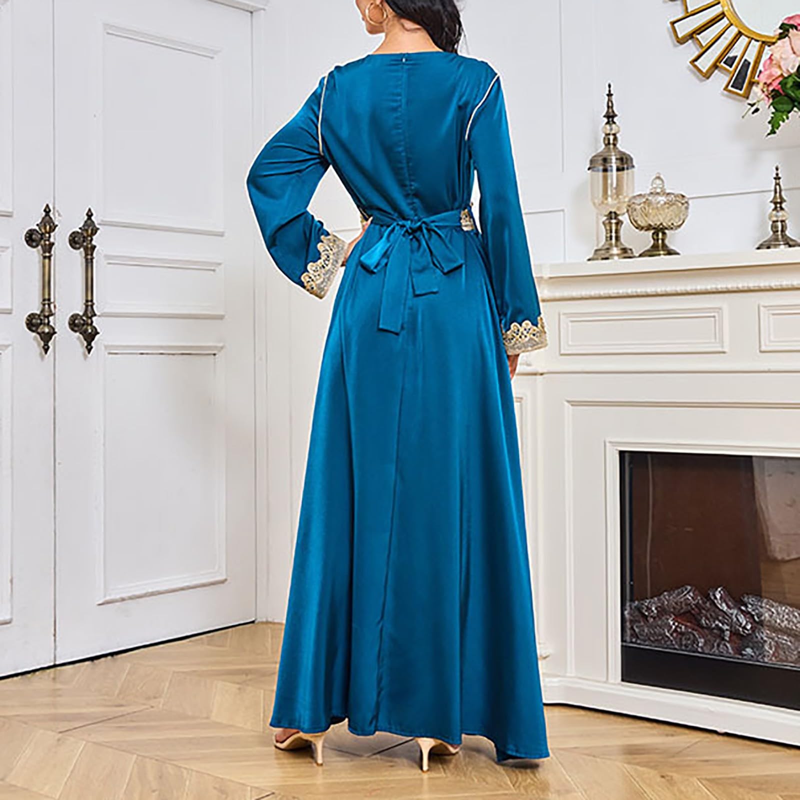 Frauen Langarm Bestickte Arabische Kleid Islam Jilbab Muslimische Damen Herbst Hochzeit Kaftan Robe Tunika Abaya Dubai Abendkleid Muslim Knöchellang Gewand Islamische Kleidung