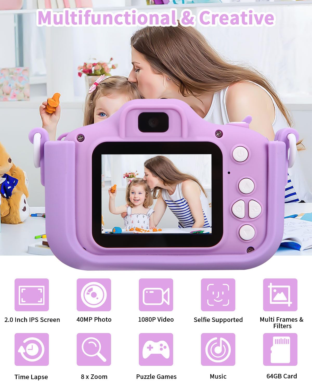 Aparat dla dzieci Azyvum, kamera cyfrowa 1080p, ekran 2,0" IPS, 64 GB, selfie, 3-12 lat, chłopcy i dziewczynki, prezent urodzinowy, Boże Narodzenie