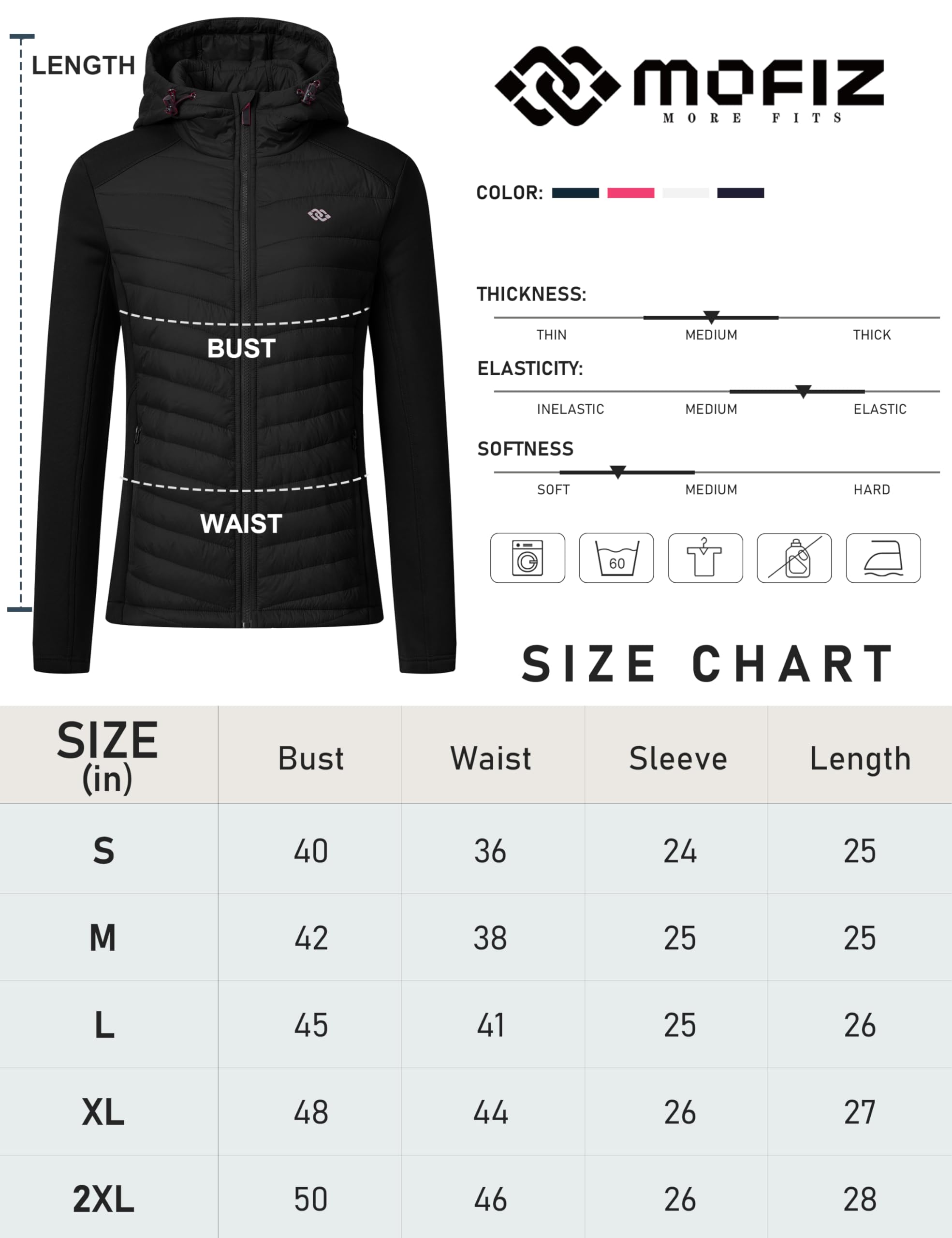 MoFiz Chaqueta de forro polar para mujer, con capucha, ligera, aislante, híbrida, con cremallera completa, abrigo para correr