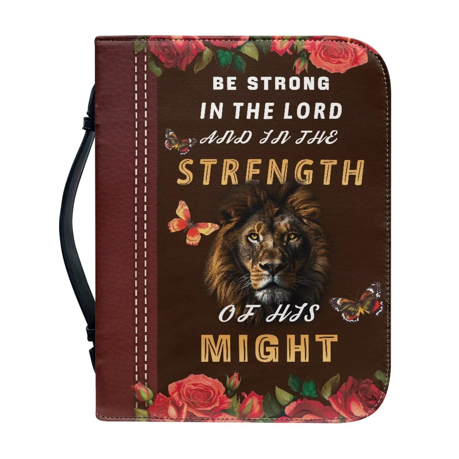 Talayituse Lion Rose Butterfly Print Bible Covers for Women Men Be Strong in The Lord PU Leather Bible Case Bible Bag Tote Book Carrying Case Christian Bible Accessories with Handle, XL โ image 1