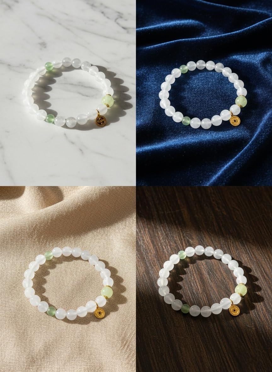 Natural Crystal Beaded Bracelet with Rose Quartz, Green Jade Accents, Gold Chinese Coin Charm, Elastic Stretch Design