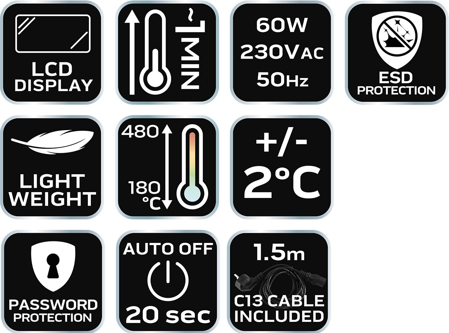 NEO TOOLS Stacja lutownicza, moc 60 W, regulacja temperatury 180-480°C, dokładność +/- 2°C, wyświetlacz LCD, funkcja automatycznego wyłączania, ochron