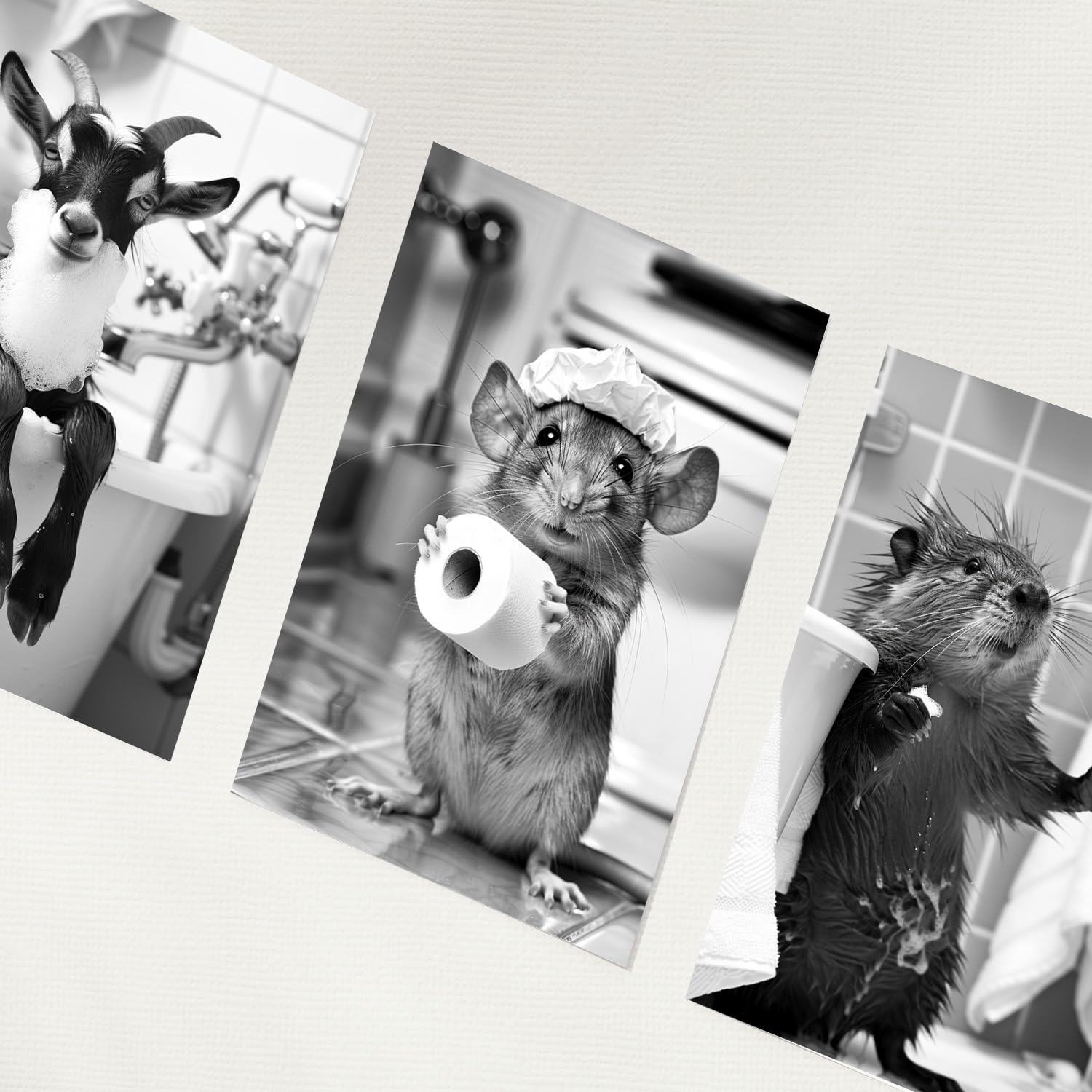 Nacnic Set Di 3 Stampe Decorative Da Parete Per Toilette-Animali. Poster Decorativo In Bianco E Nero Per Bidet E Wc. Immagini Di Una Capra, Un Topo E Un Castoro. Dimensioni A3 Cornice Nera