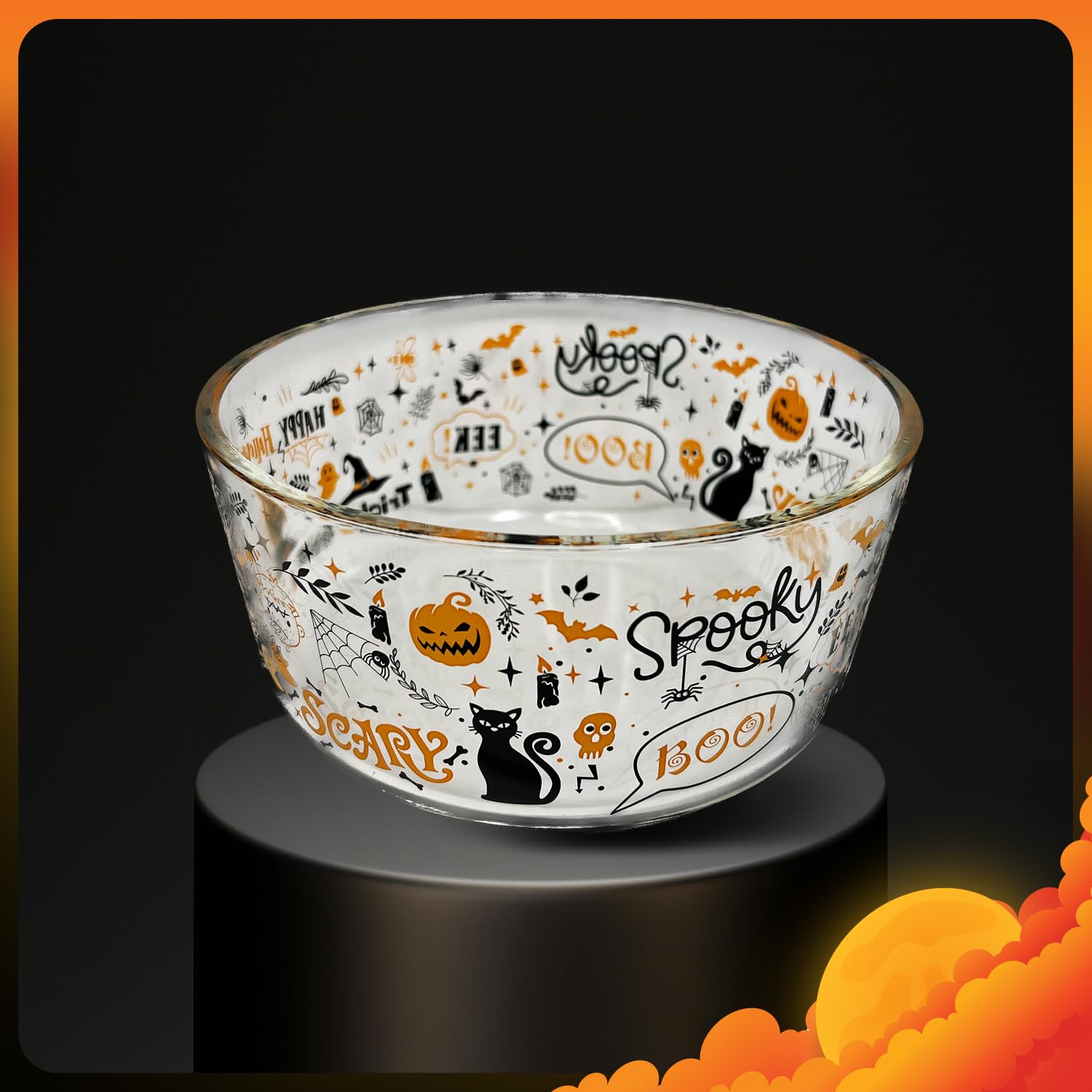 Recipientes de almacenamiento de vidrio para Halloween con tapas, juego de 4 (2 recipientes + 2 tapas), 4 tazas (32 onzas), diseño espeluznante, sin BPA, aptos para microondas y lavavajillas,