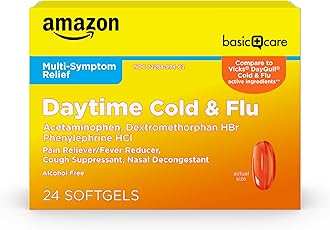 Amazon Basic Care Daytime Cold and Flu Relief Softgels, Non-Drowsy Cold Medicine, Relief of Pain, Fever, Cough, Sore Throat, Nasal Congestion, 24 Count