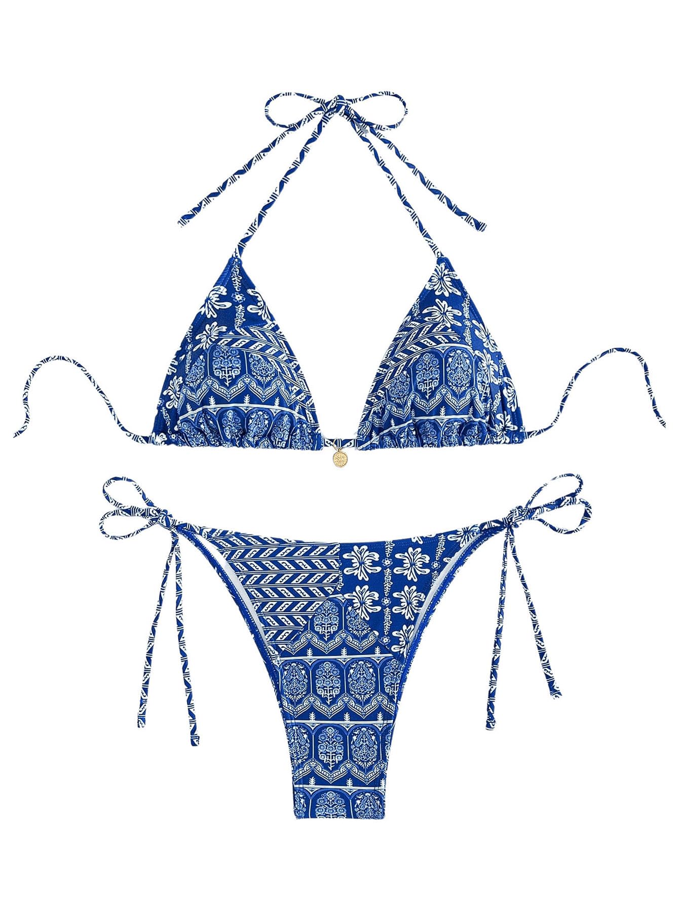 GORGLITTER Bikini triangle pour femme - Avec fleurs - Dos nu - Style bohème - Deux pièces - Maillot de bain
