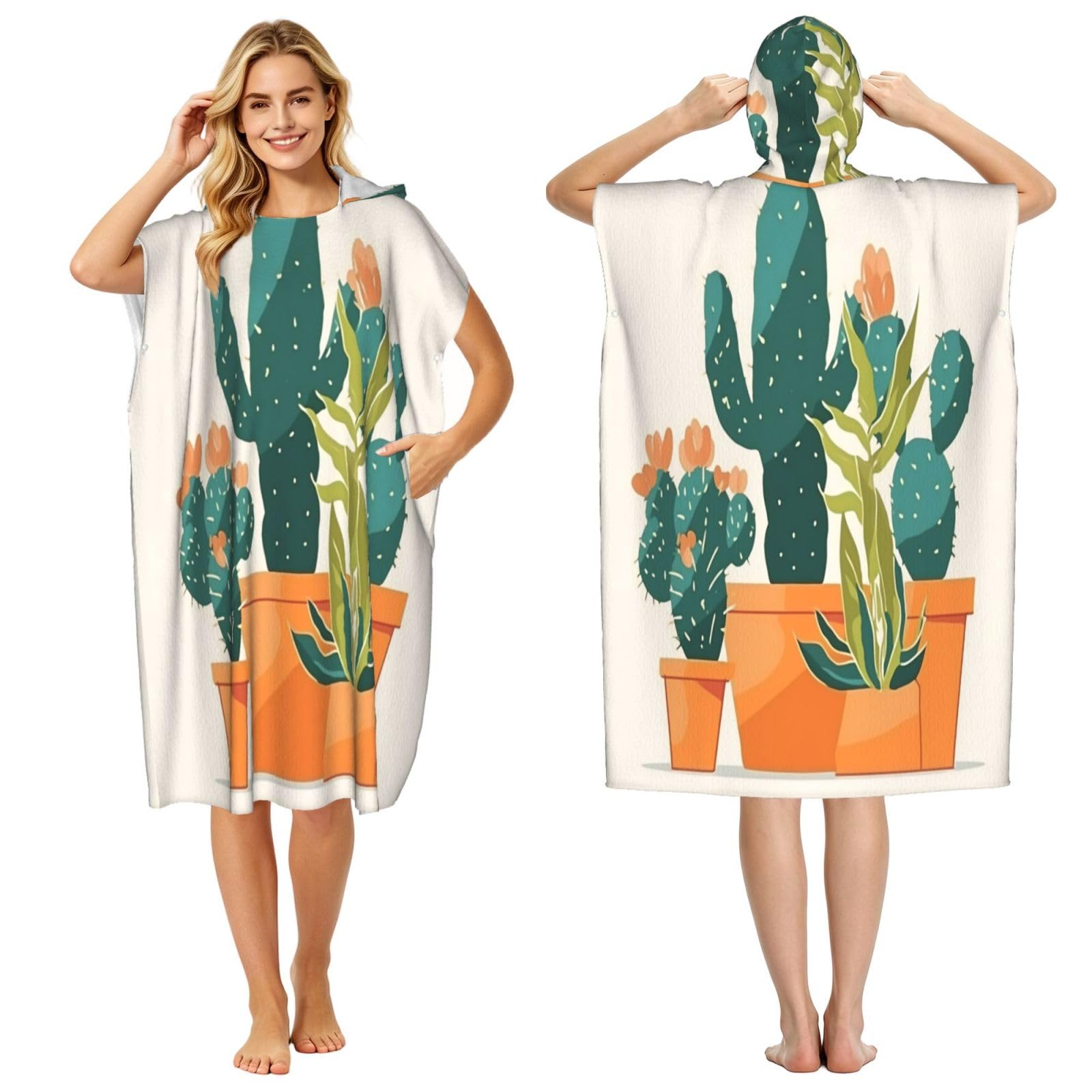 DTHKJNLSF Cartoon Cactus Adult Hooded Beach Poncho Towel