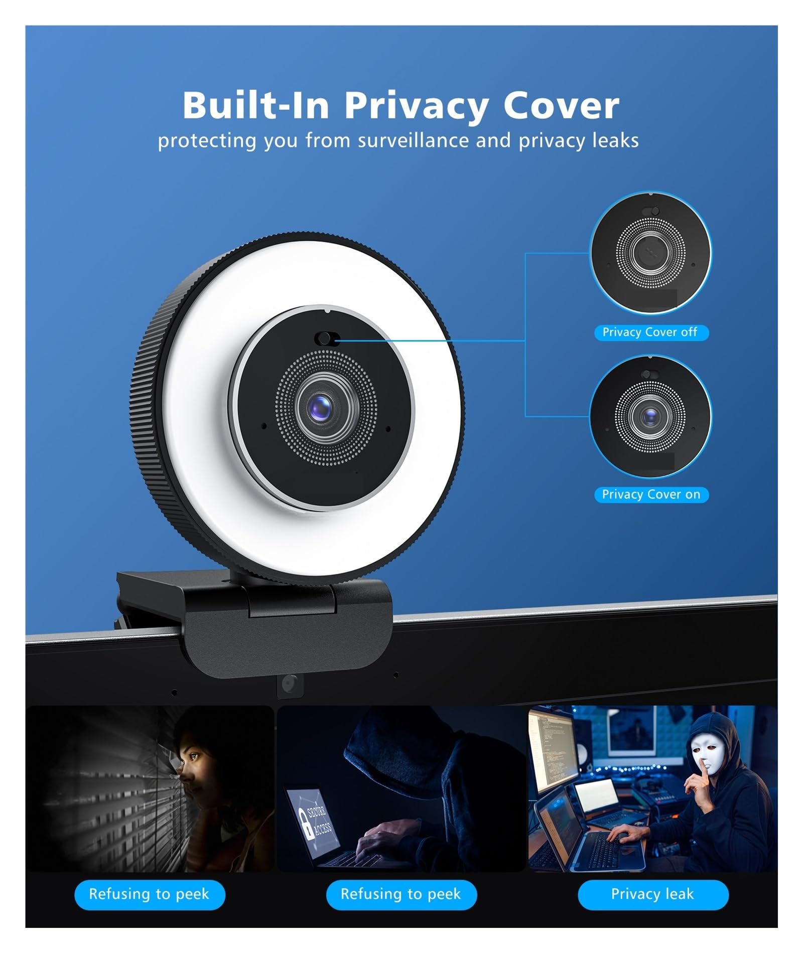 Webcam, Webcam HD 4k 30fps con luce ad anello regolabile e microfono, webcam con messa a fuoco automatica con copertura for la privacy for conferenze, streaming live, registrazione
