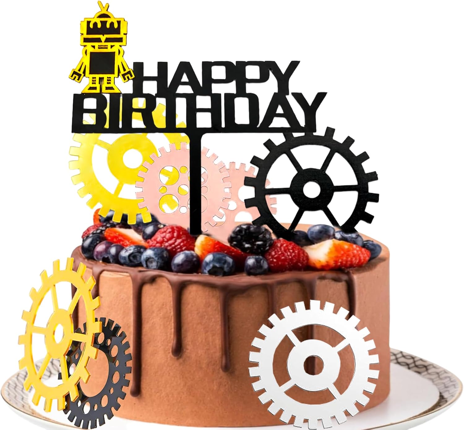 8 Pieces Robot Happy Birthday Cake Topper Gears Acrylic Cake Decoration Set Suitable for Robot Themed Party Supplies, Boys and Girls Birthday Party Supplies -Gold