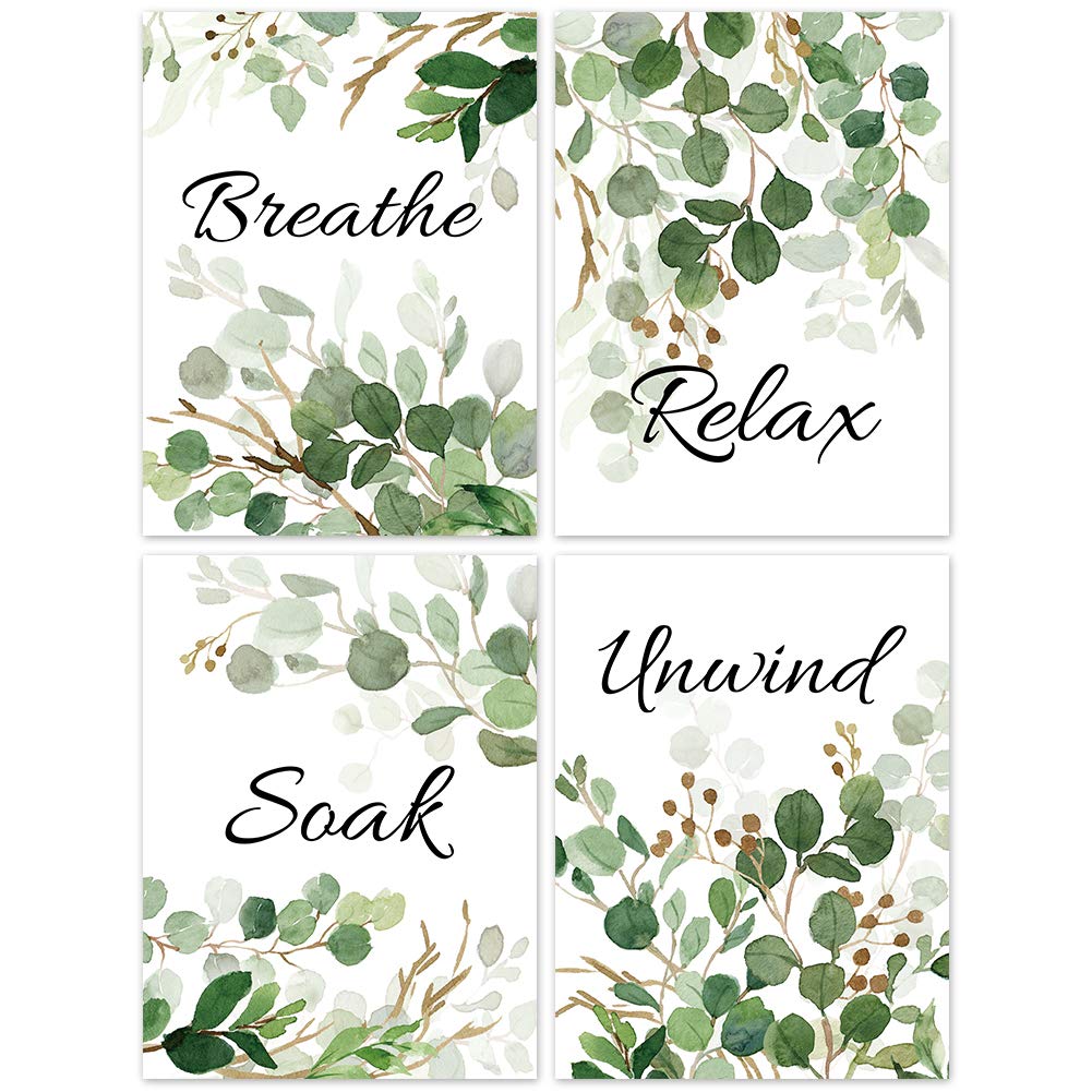 HLNIUC Relax Soak Unwind Breathe with Green Leaf Art Print,Botanical Bathroom Quotes Wall Art,Set of 4(12X16inch,Unframed) Watercolor Minimalist Words Canvas Poster for Washroom Toilet Decor