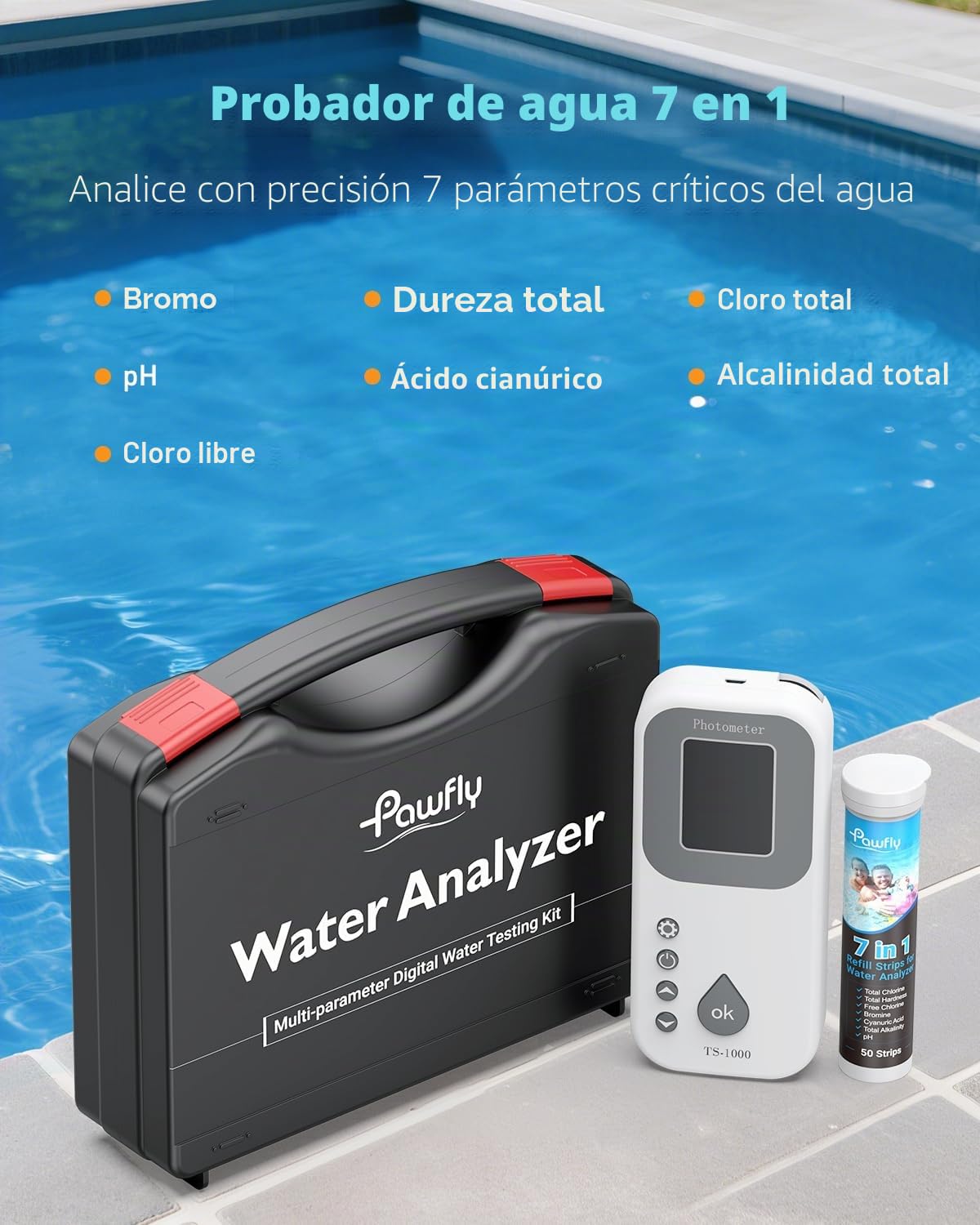 Pawfly Kit Digital de Análisis de Agua 7 en 1, 50 Tiras para Spa, Analizador Digital para Piscinas pH Dureza Total Cloro Total Cloro Libre Alcalinidad Total Ácido Cianúrico y Bromo