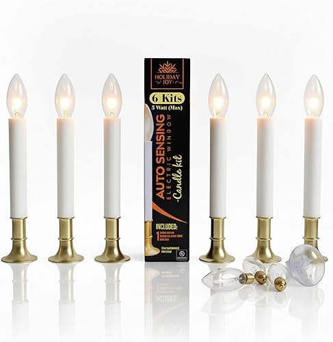 Holiday Joy Kit de velas para ventana, paquete de velas eléctricas de 6 a 9 pulgadas de alto con sensor automático integrado, 2 bombillas y soporte