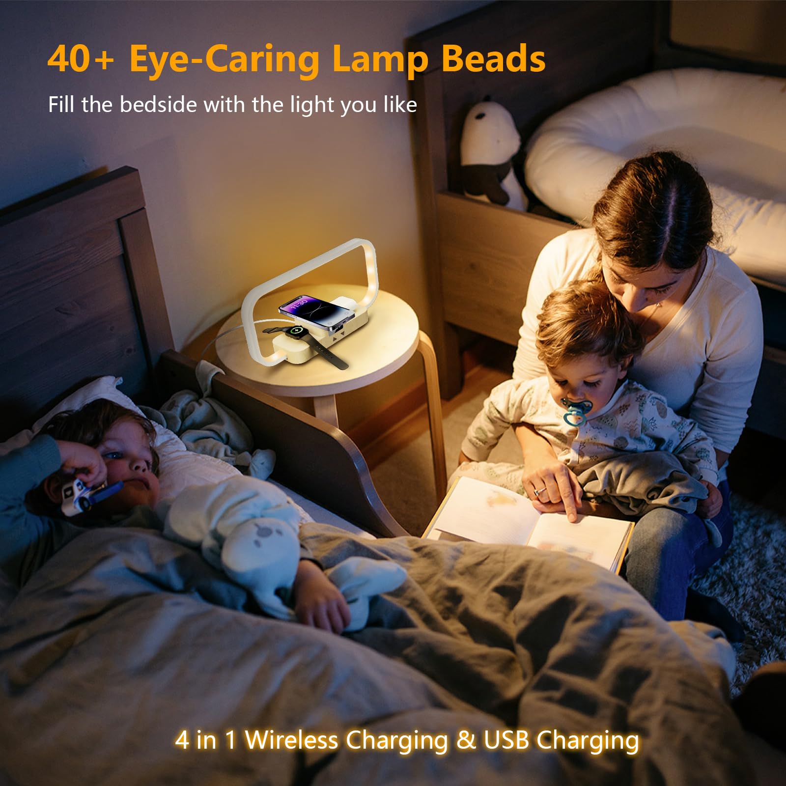 Lampada da Comodino con Caricatore senza Fili & Ricarica USB, 5 Colori Lampada da Tavolo Dimmerabile Controllo Touch, Luce Notturna 5 Luminosità per Camera-Legno e Bianco