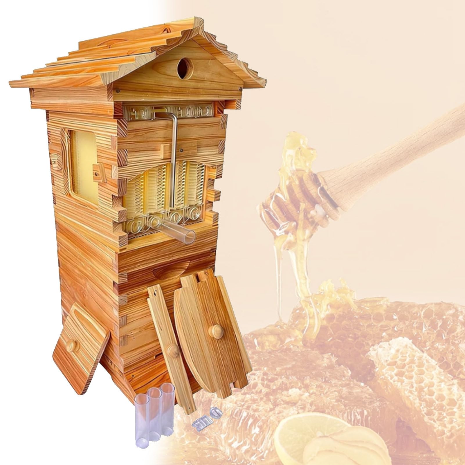 Drewniany Ul Typu Flow Hive, Zestaw Startowy Dla Pszczelarza, Zawiera 4 Ramki Pszczele I 6 Tacek Na Plastry Miodu, Do Pszczelarstwa, Naturalny Kolor Drewna, MałY