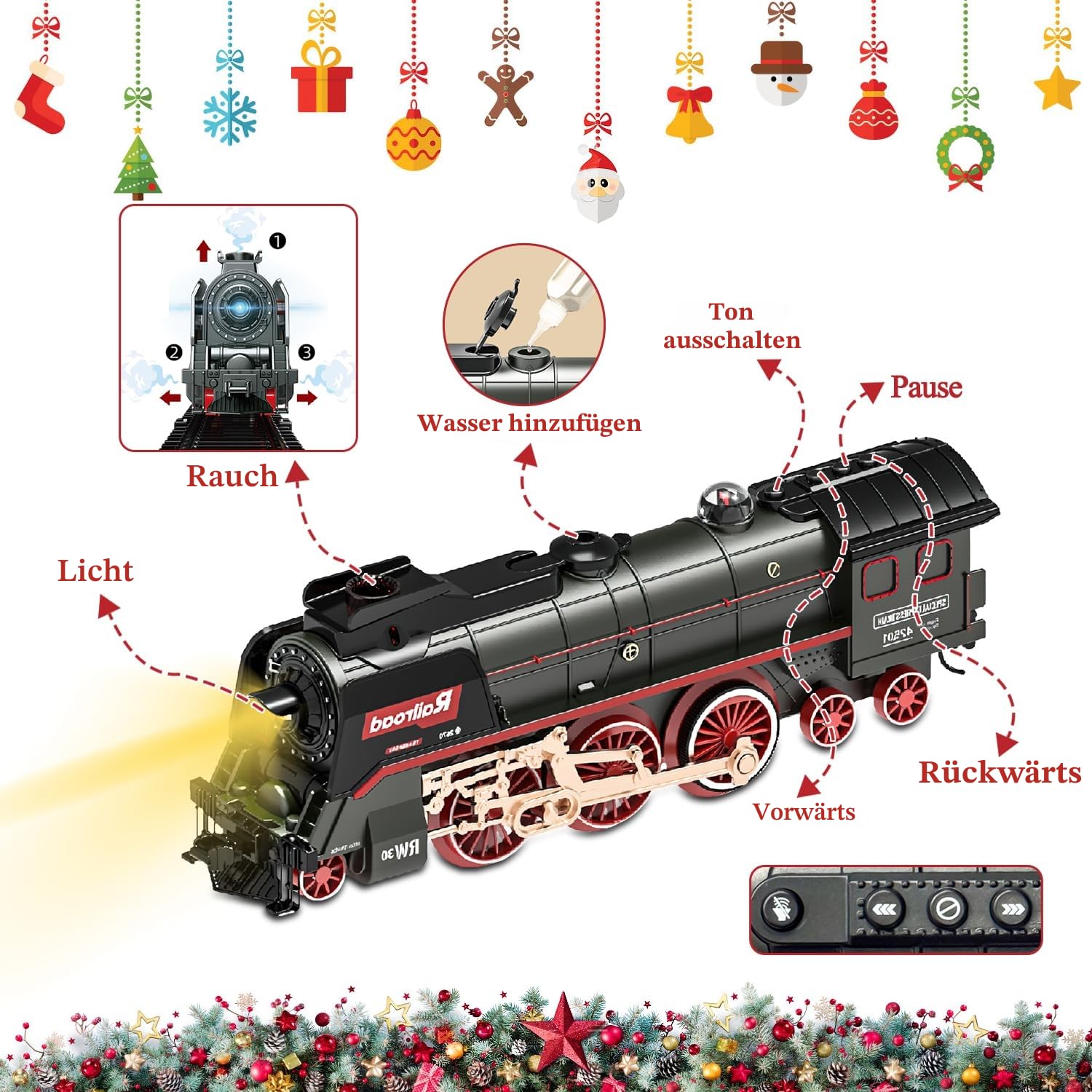Eisenbahn Set für Kinder, Elektrische Eisenbahnspielzeuge mit Realistischen Lichtgeräuschen Rauch, Weihnachtszug Modell Geschenke, Dampflokomotive, Luxus-Schiene & 2 Leuchtende Personenwaggons
