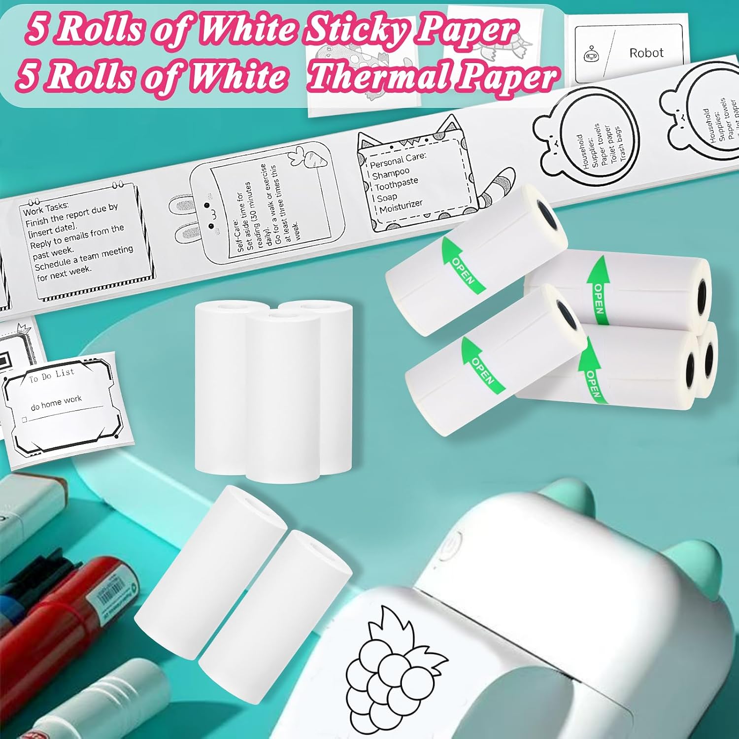 10 Rolls Mini Printer Sticker Paper Refill 57 x 25mm for Study Notes, Lists image 2
