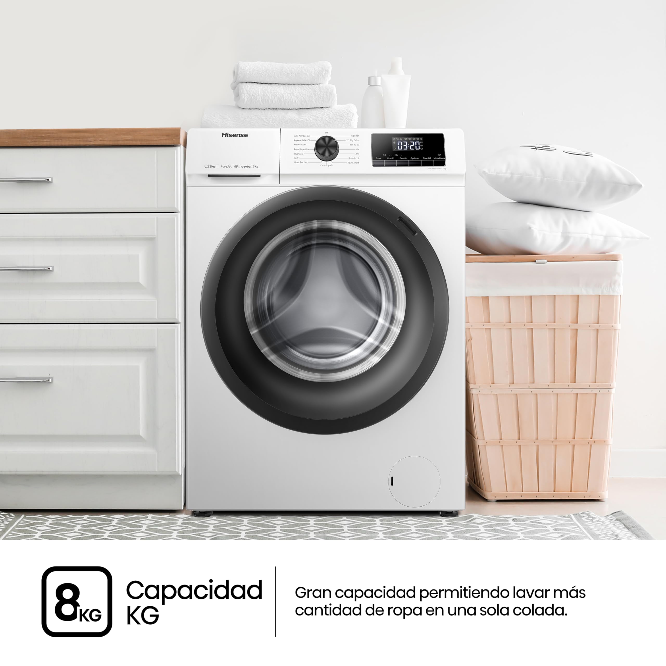 Hisense WFQE8014EVJM Lavadora 8 Kg, 1400 rpm, 15 Programas Automáticos, Vapor, Motor Inverter, Clase Eficiencia Lavado A, Pantalla LED, Programa Rápido, PureJet, Blanco