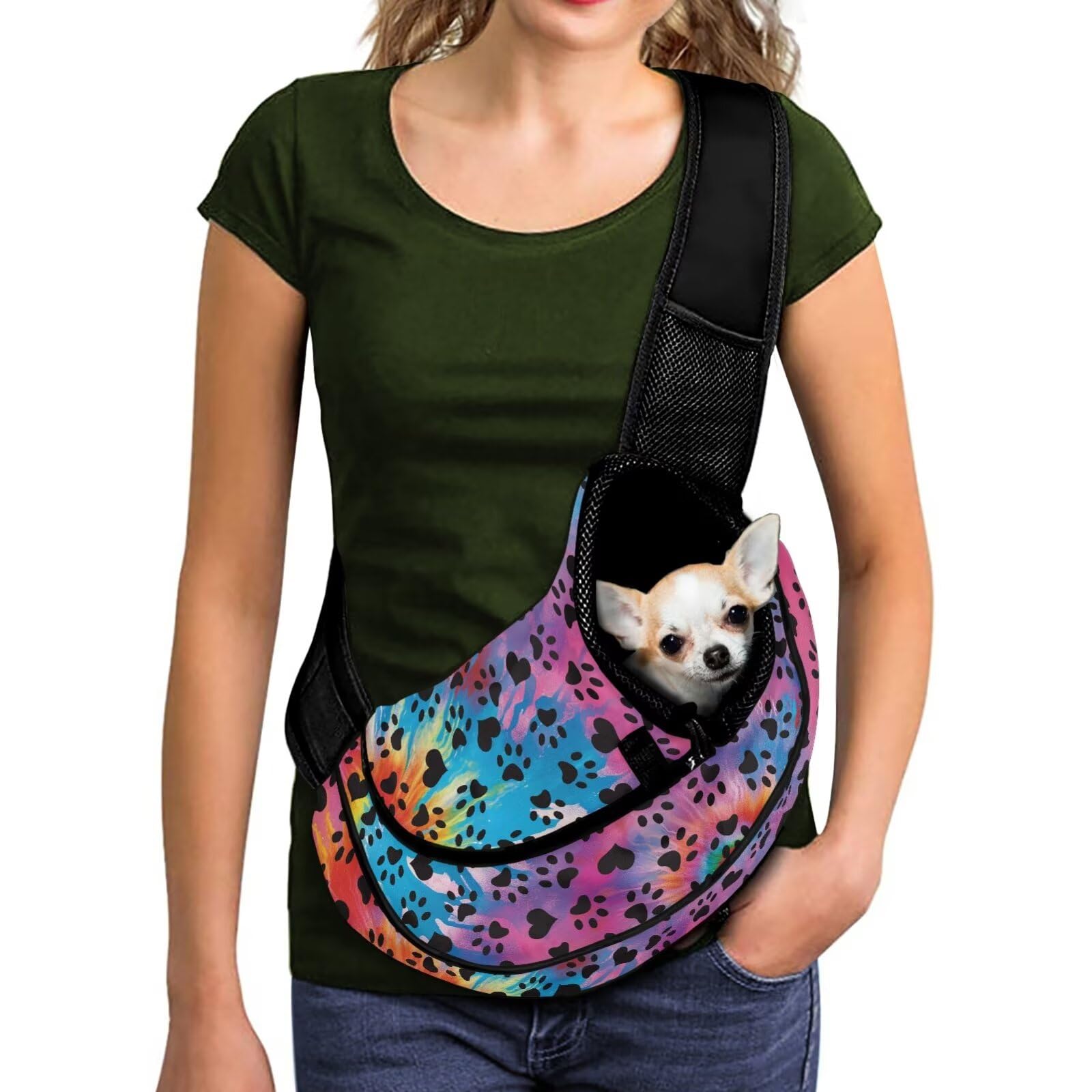 COEQINE Dog Walking Bag Crossbody Carrier Sling for Pet Cute Tie Dye Paw Print Proud Adjustable Hook Strap & Zip Front Facing Puppy Satchel Hands-Free Locking Safety Zipper for Outdoor
