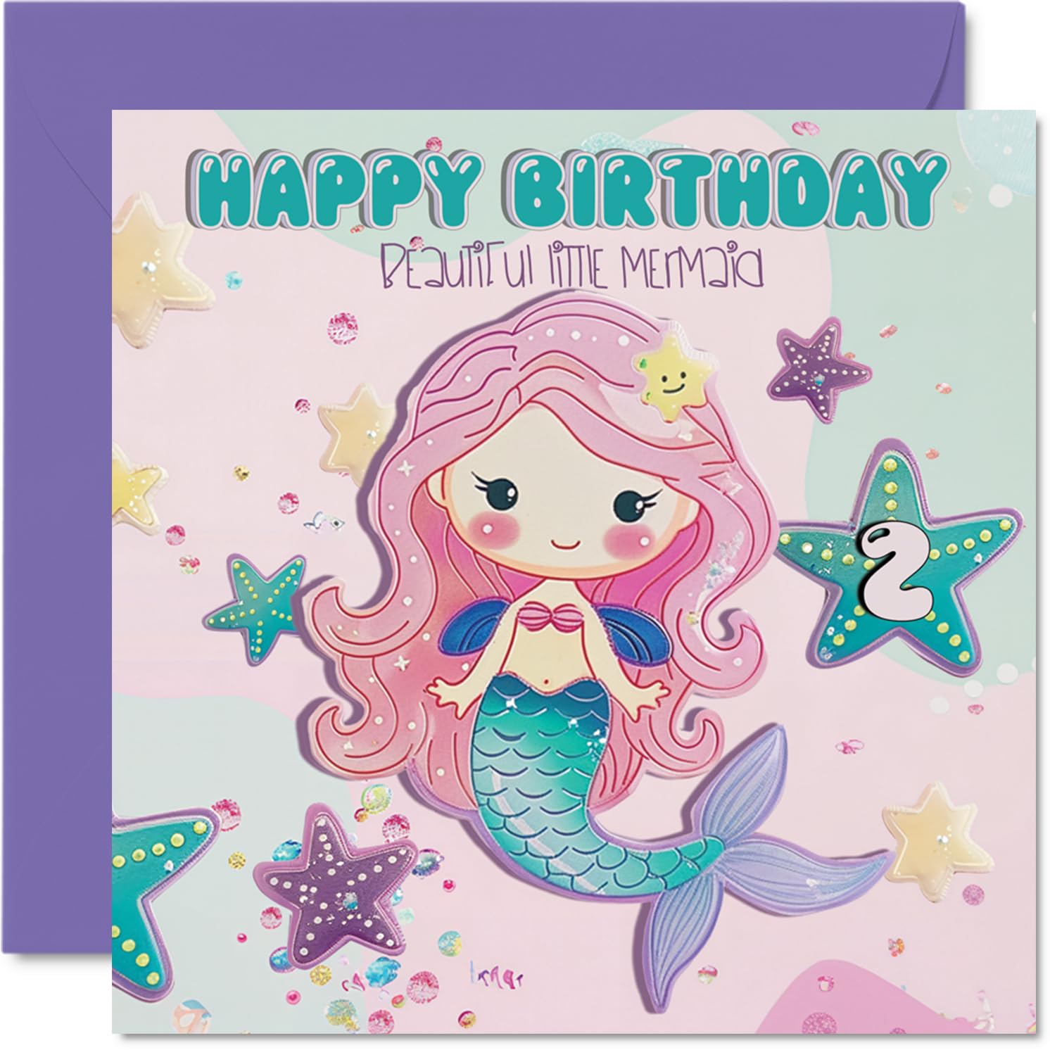 2nd Birthday Card Girl - Beautiful Little Mermaid - Happy Birthday Card for 2 Year Old Girl, Age 2 Girls Cards, 145mm Bday Greeting