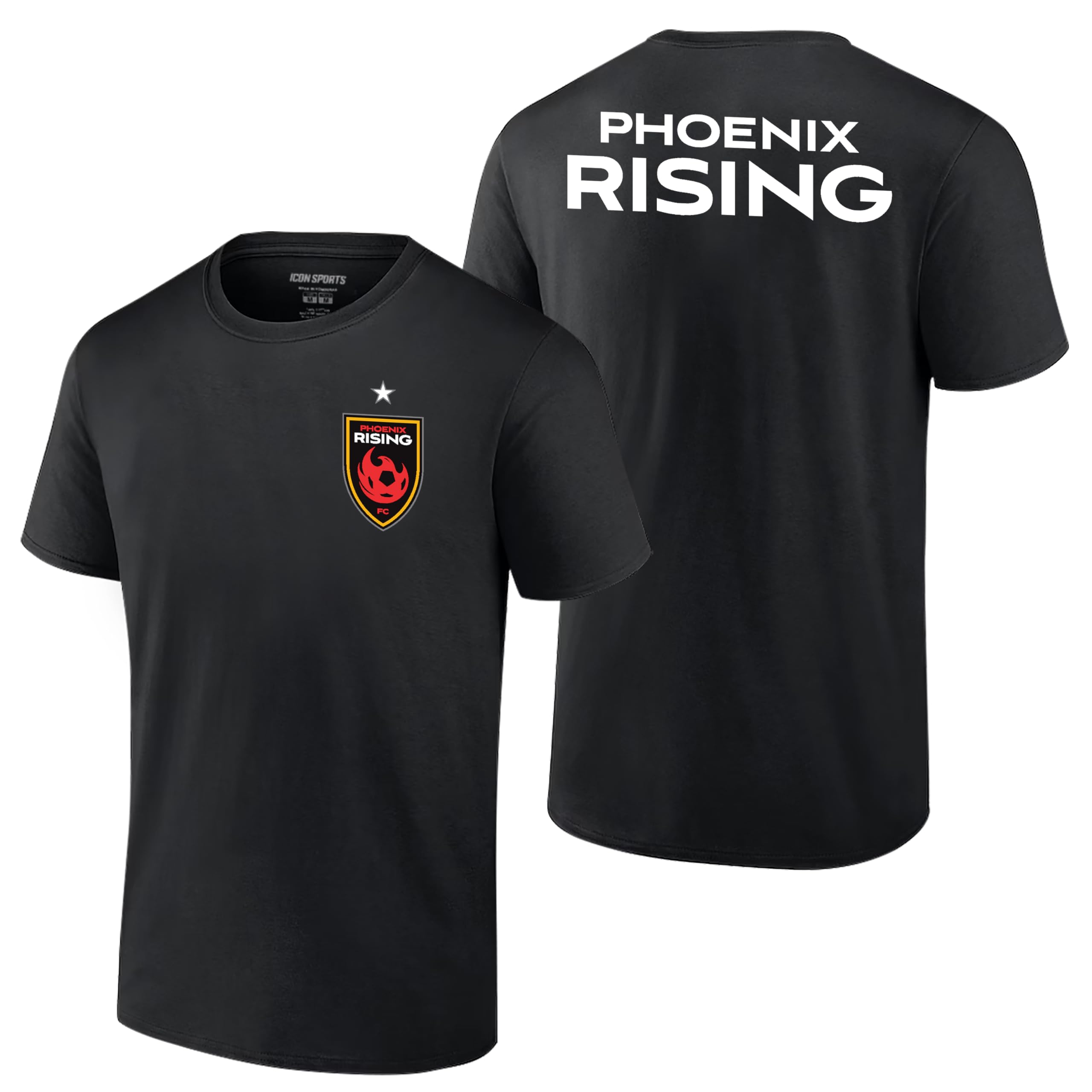 Icon Sports Men's USL Soccer Club Graphic Print Logo Front Back Short Sleeve Cotton T-Shirt | Phoenix Rising, Badge Black, X-Large