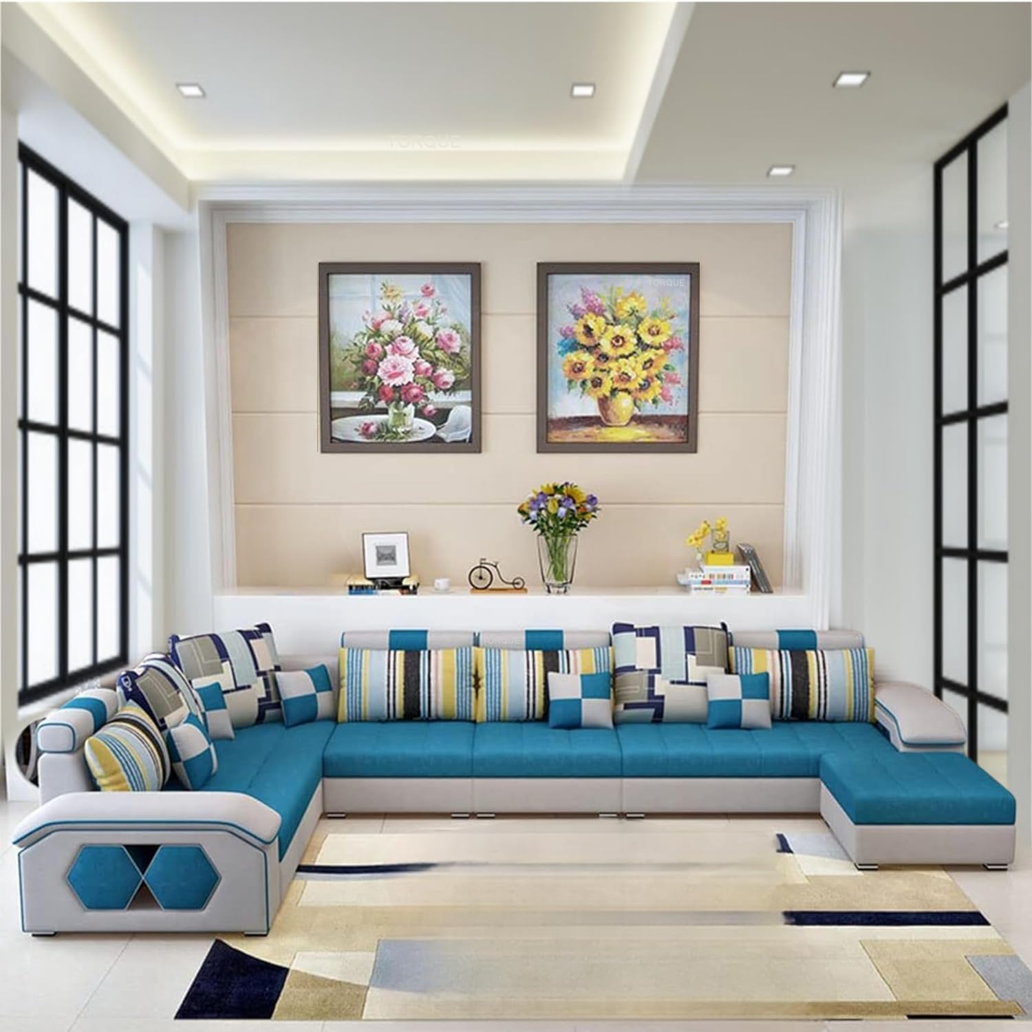 Torque - Silvester 12 Seater Sofa Set for Living Room (Right Side, Aqua Blue & Light Grey) | Interchangeable U Shape Sectional Sofa with Puffy and Stool for Guest Room