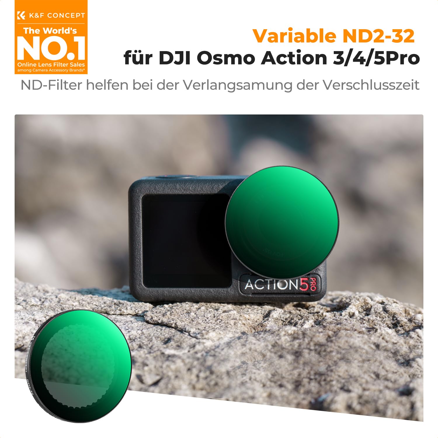 K&F CONCEPT Push in Variable ND2-32 Filter Kompatibel mit DJI Osmo Action 5 Pro, Neutraldichte Zubehör Light Reduction Filter für Osmo Action 4/3, Multicoated HD Optical Glass Action Kamera Zubehör