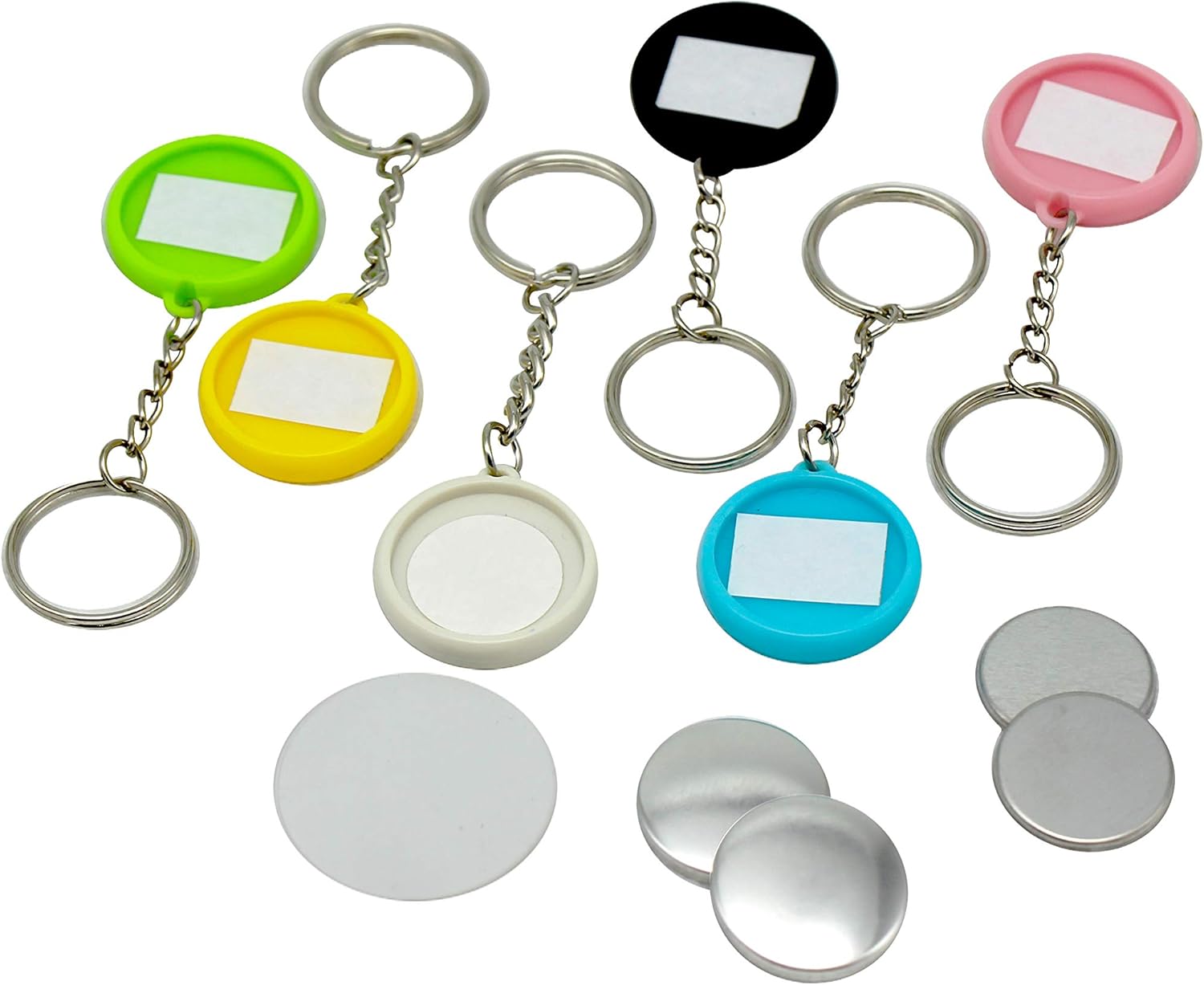 Chibuttons Double Side Plastic Keychain Round 25mm (100Sets) Metric System (Mix-Green, Yellow, Blue, Black, Pink, White, Electroplating)