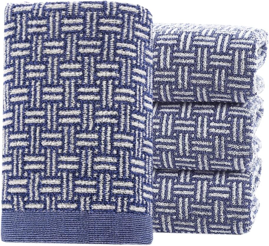 Pidada Hand Towels Set of 4 Checkered Pattern 100% Cotton Absorbent Soft Decorative Towel for Bathroom (Blue)