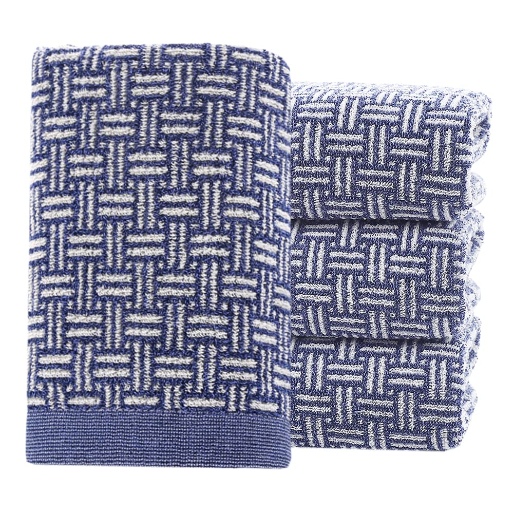 Pidada Hand Towels Set of 4 Checkered Pattern 100% Cotton Absorbent Soft Decorative Towel for Bathroom 34 x 74 cm (Blue)