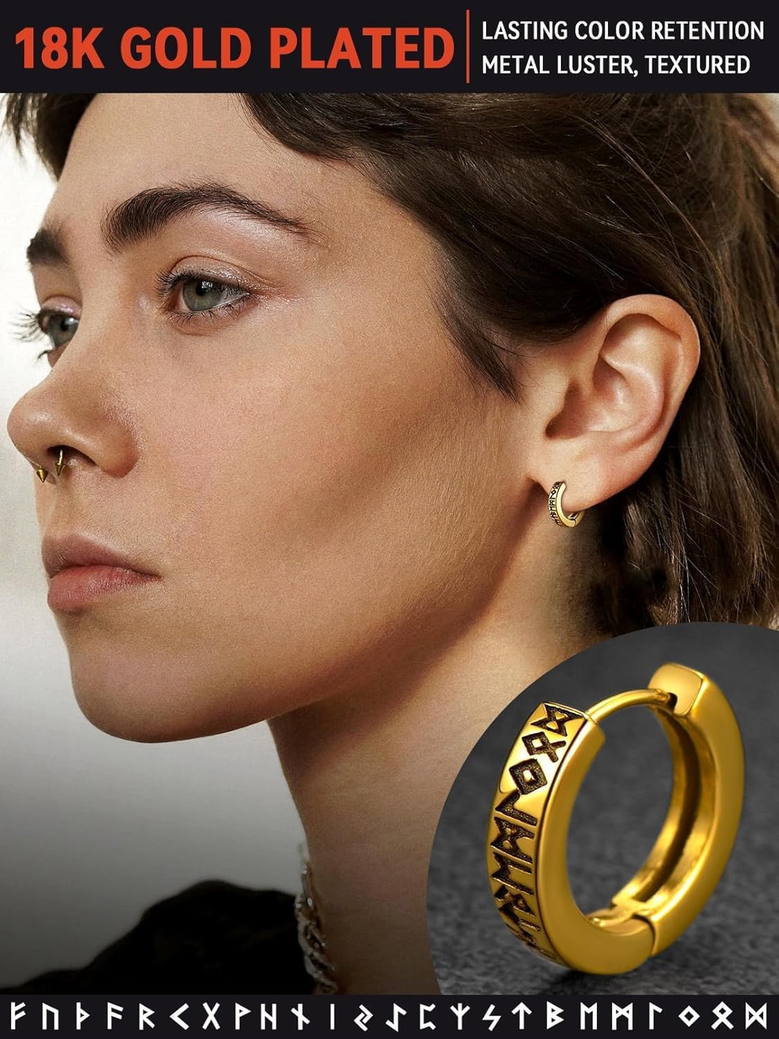 FaithHeart Norse Viking Runes Hoop Earrings for Men Hypoallergenic Stainless Steel Punk Huggie Hoop Earring Sturdy Norse Mythology Jewelry Gifts with Delicate Packaging - Image 2