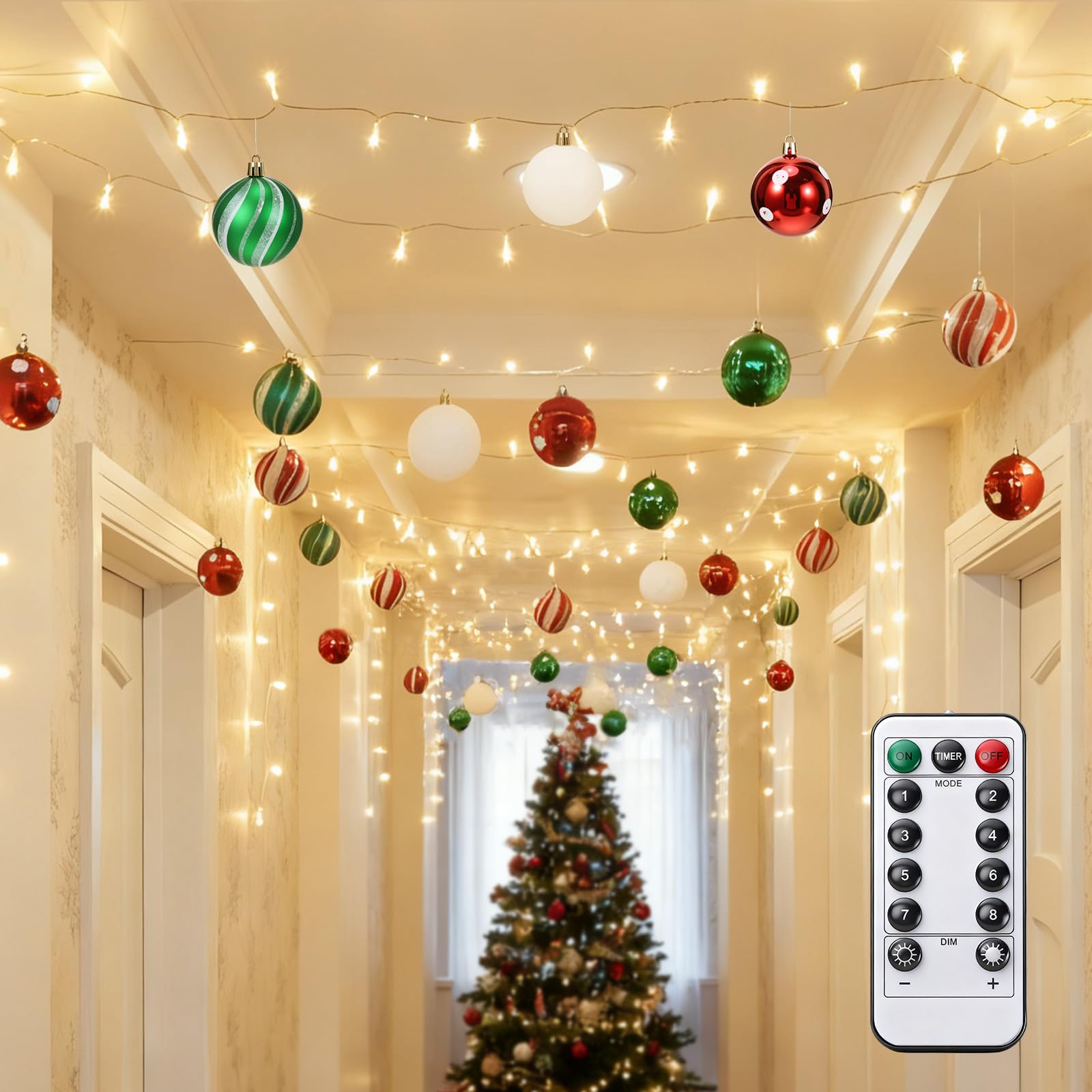 Soulchen Lot de 30 boules de Noël à suspendre au plafond avec guirlande lumineuse de 10 m avec 100 LED et crochets pour Noël, fête de vacances, intérieur ou extérieur, décoration de cour