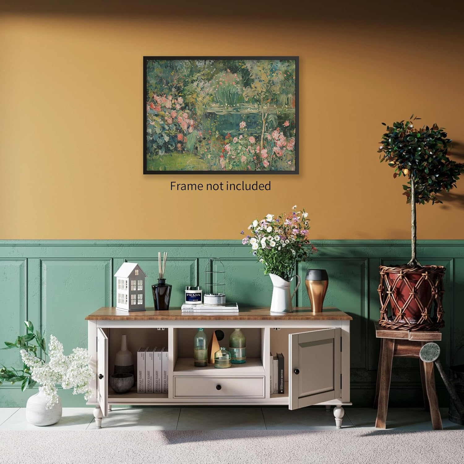 Haitunone Sage Green Scenery Garden Wall Art Landscape Botanical Wildflower Poster Nature Flower Oil Canvas Painting for Living Room Bedroom Wall Decor 24x36 inch Unframed