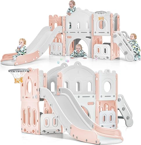 Merax Tobogán 6 en 1 para niños con escalador, aro de baloncesto, túnel y espacio de almacenamiento, juego de tobogán interior al aire libre para