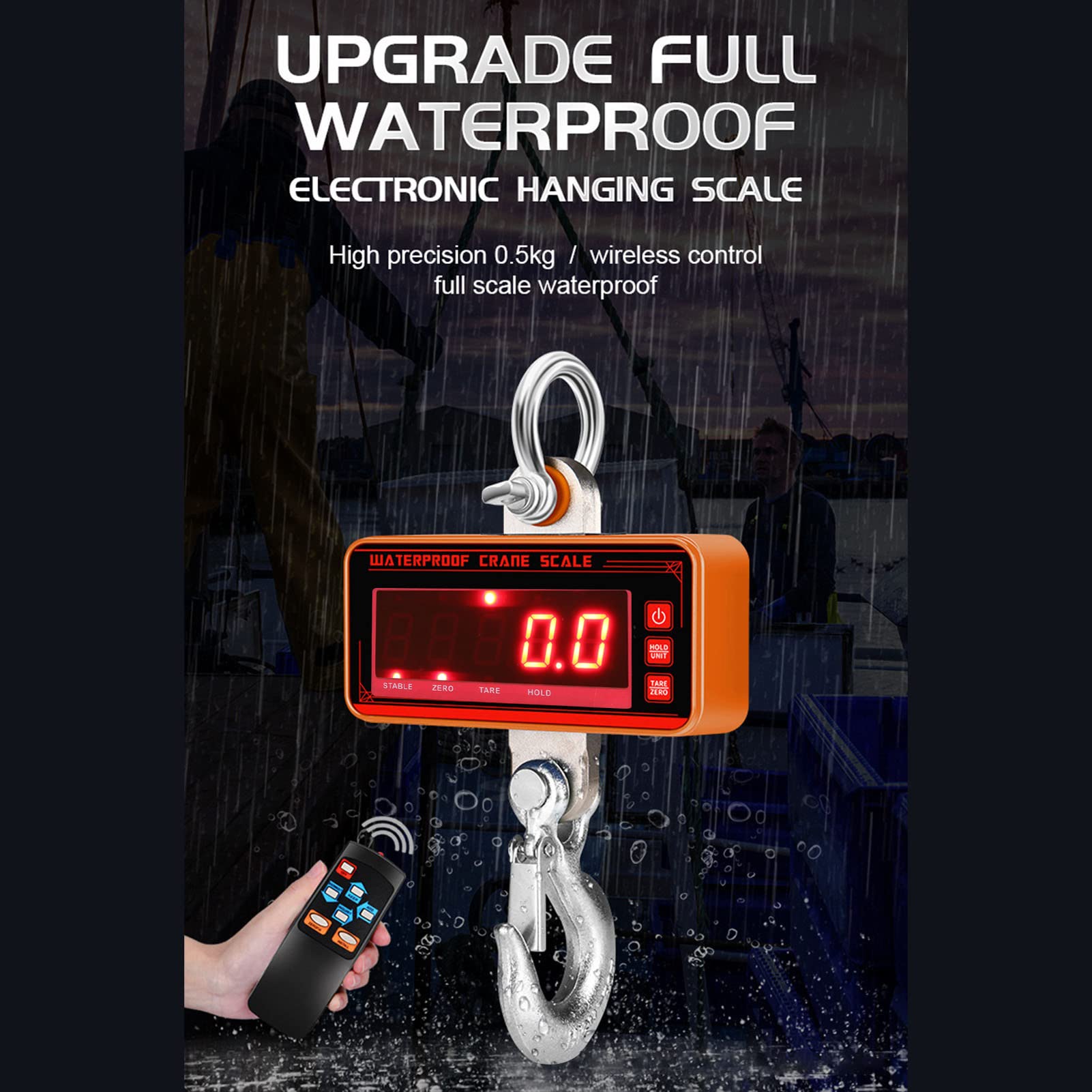 Báscula colgante digital de capacidad de 1500 kg y 3000 lb - Báscula industrial con carcasa de aluminio para almacenes - con pantalla LED resistente al agua y control remoto