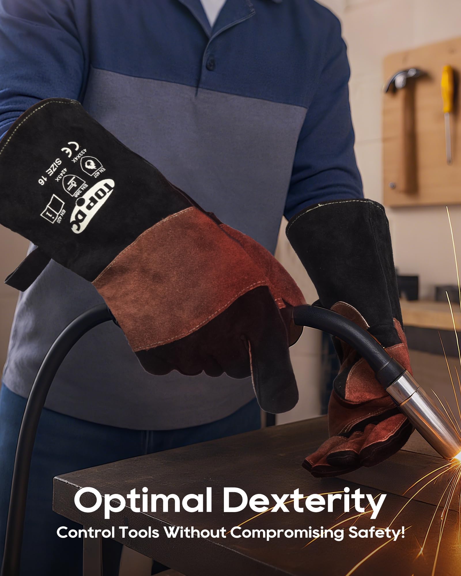 TOPDC Guantes de soldadura de cuero reforzado resistentes al calor y al fuego de 16 pulgadas, resistentes al fuego con costuras de Kevlar para Mig, Tig, Stick, Forge, barbacoa, parrilla, horno