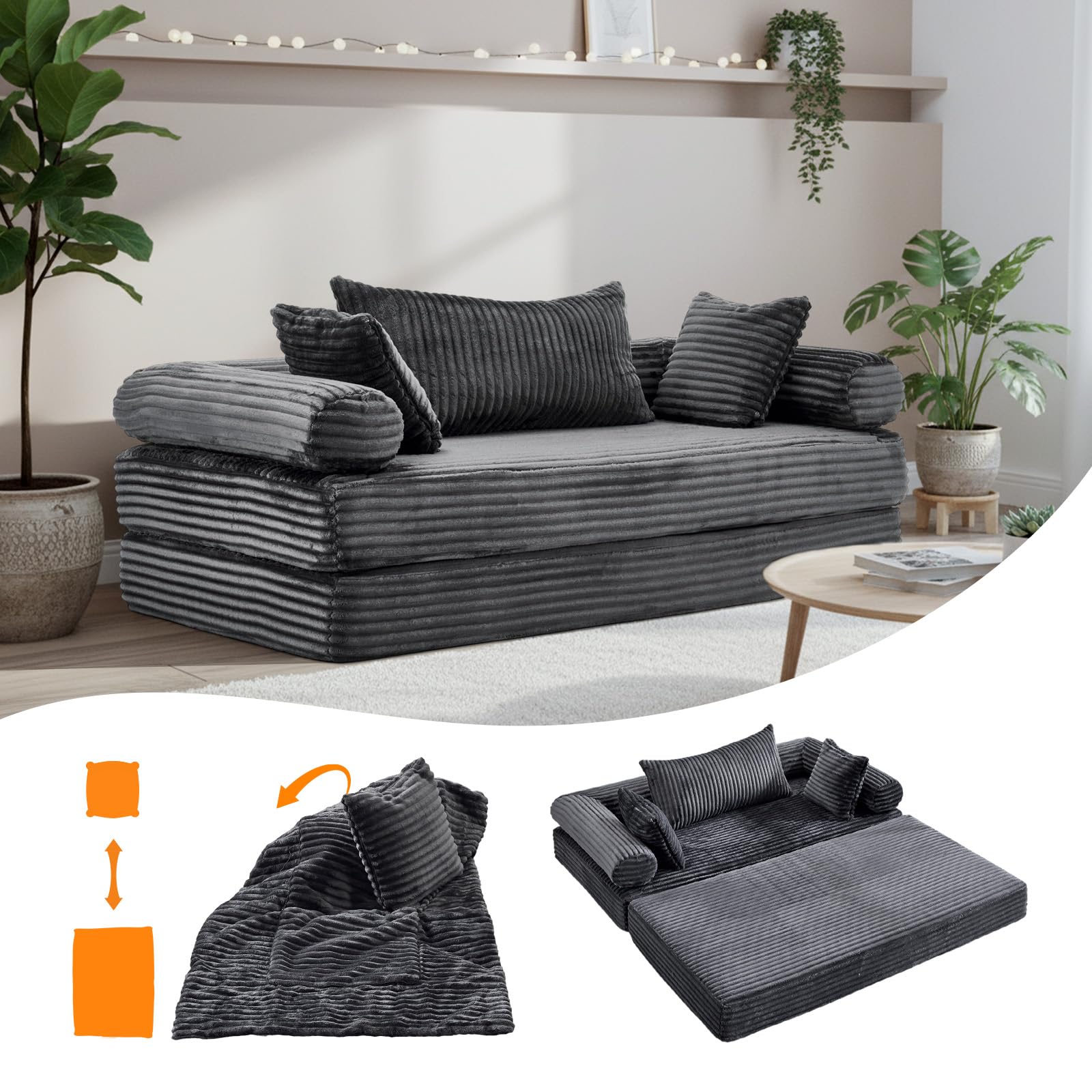 VINGLI Convertible Futon Sofa Bed, Upholstered Corduroy Boneless Couch King Size Floor Loveseat Sleeper Sofa with 2-in-1 Throw Pillow & Blanket Couches for Living Room, Bedroom, Lounge, Dark Gray