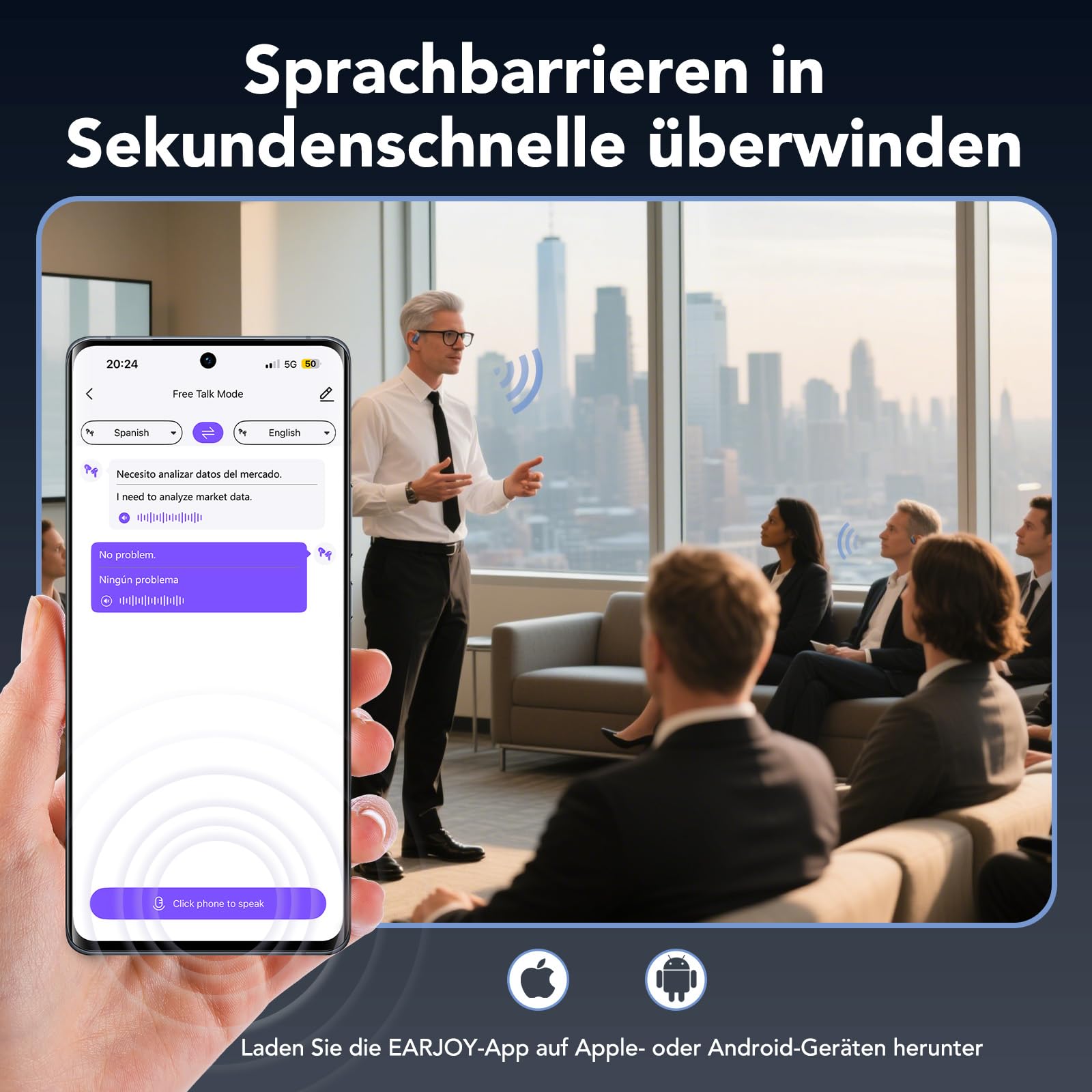 NE27 AI Übersetzer Kopfhörer Echtzeit 165 Sprachen LCD Touchscreen Open Ear Sprachübersetzer Kompatibel iOS Android
