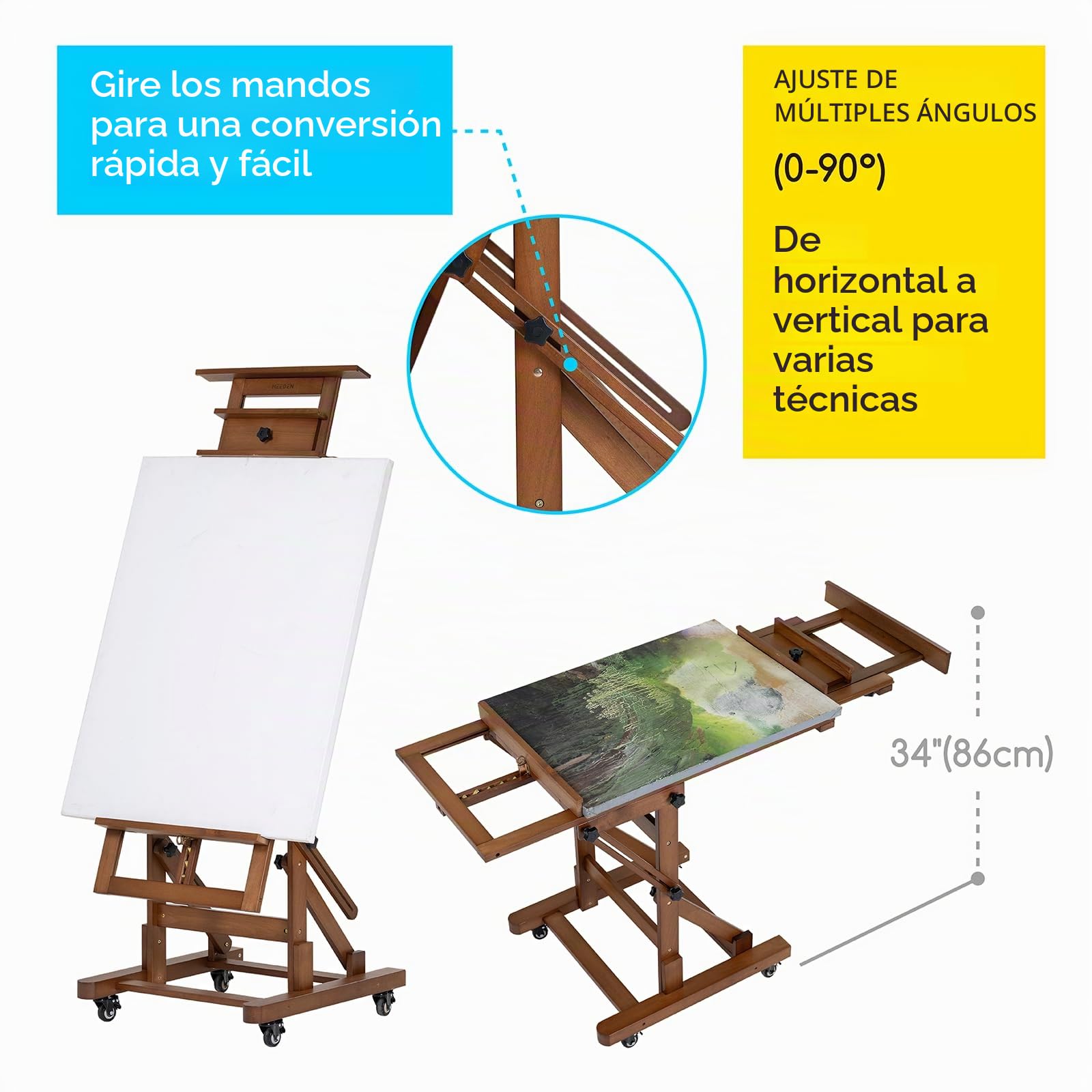 MEEDEN Caballete de pintura artística extragrande: caballete de artista de madera de haya maciza, caballete profesional de estudio resistente para adultos, soporte de piso con marco en H móvil para