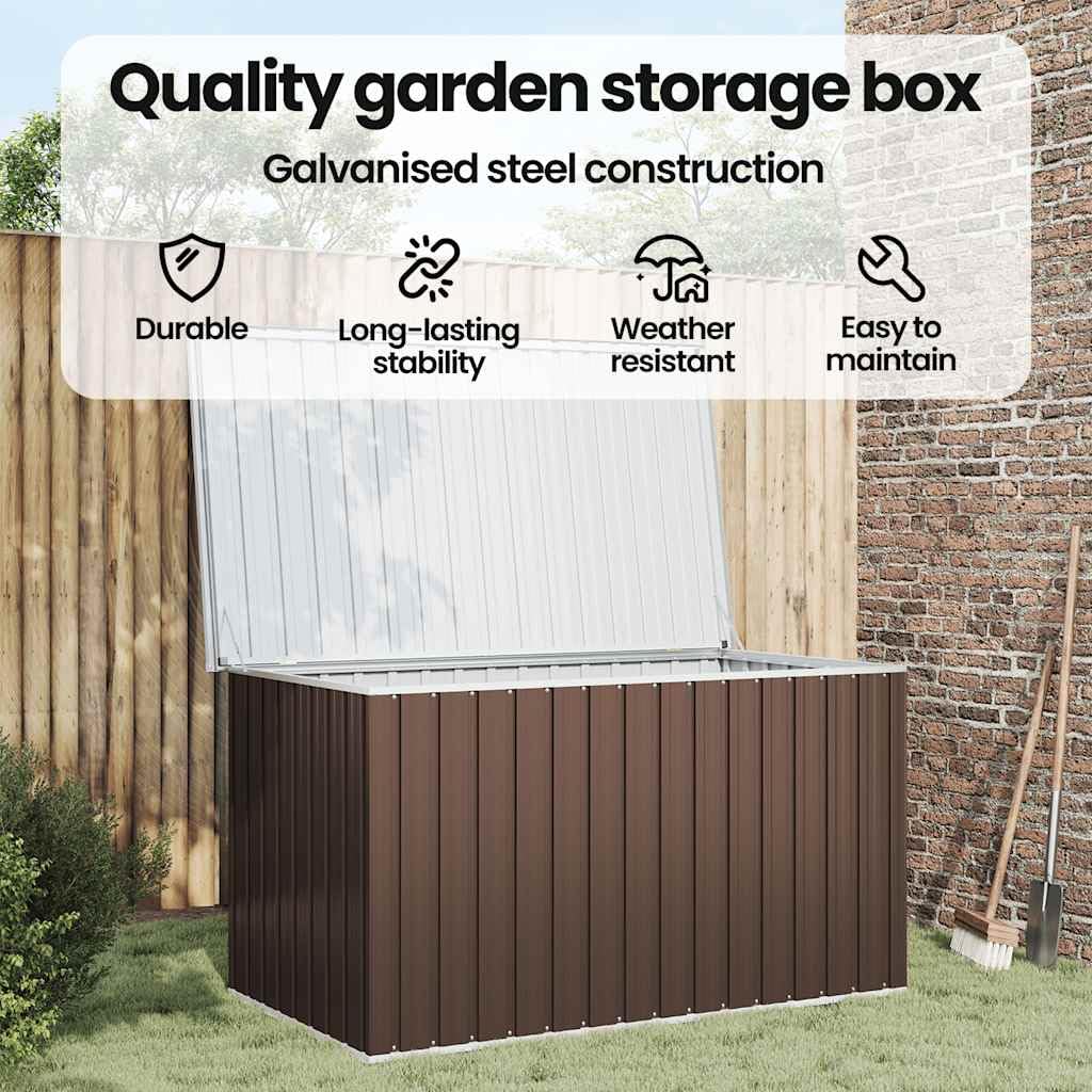 Gartenbox Braun verzinkter Stahl 171 x 99 x 93 cm mit Klappdeckel, wasserdicht, wetterfest Stauraum für Kissen, Auflagen, Polster, Outdoor Aufbewahrung für Balkon, Terrasse, Garten
