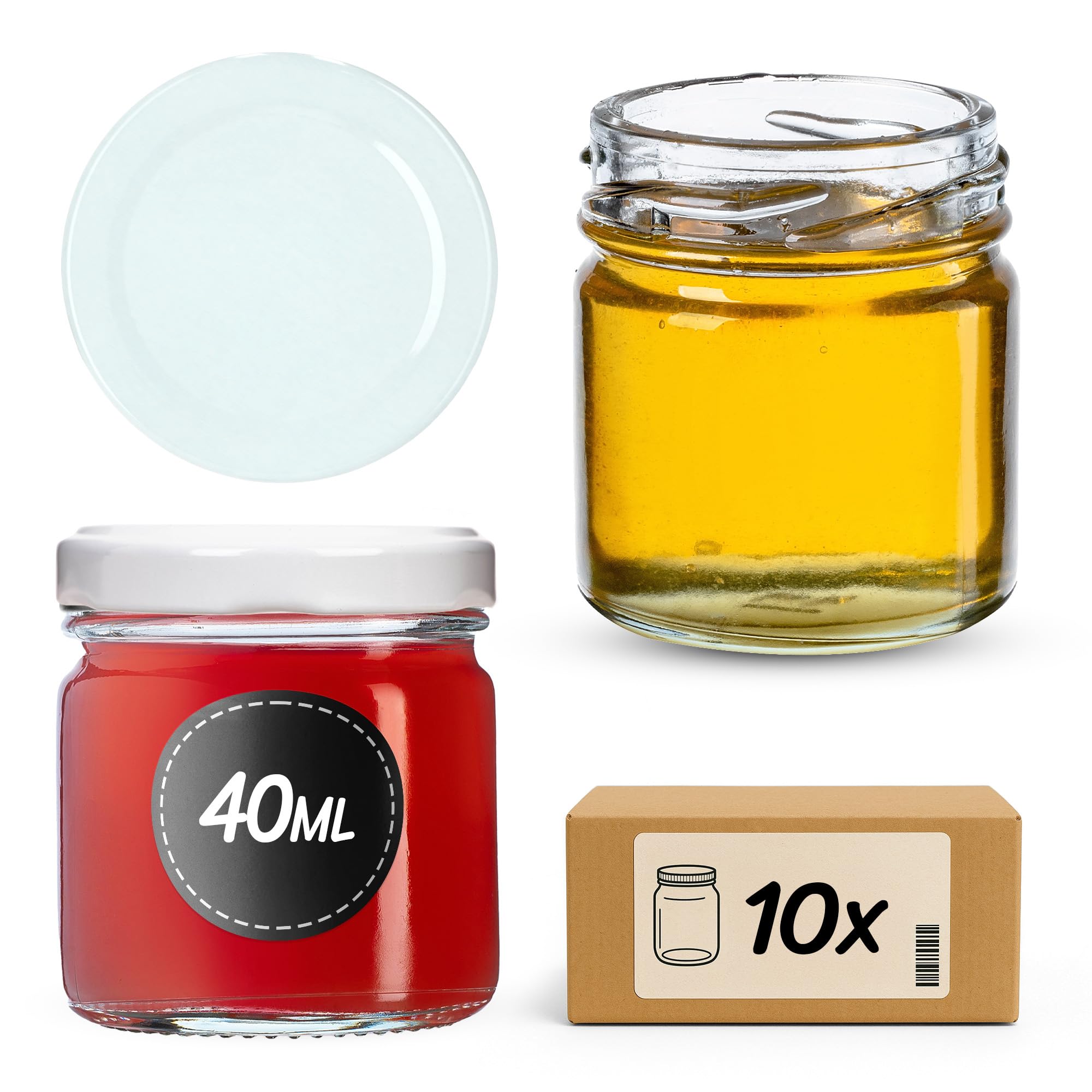 KADAX Minimalist Glass Jars 40 ml, Mini Preserving Jars with Airtight Metal Lids for Homemade Jam and Honey, Spices and Herbs (White, Set of 10)