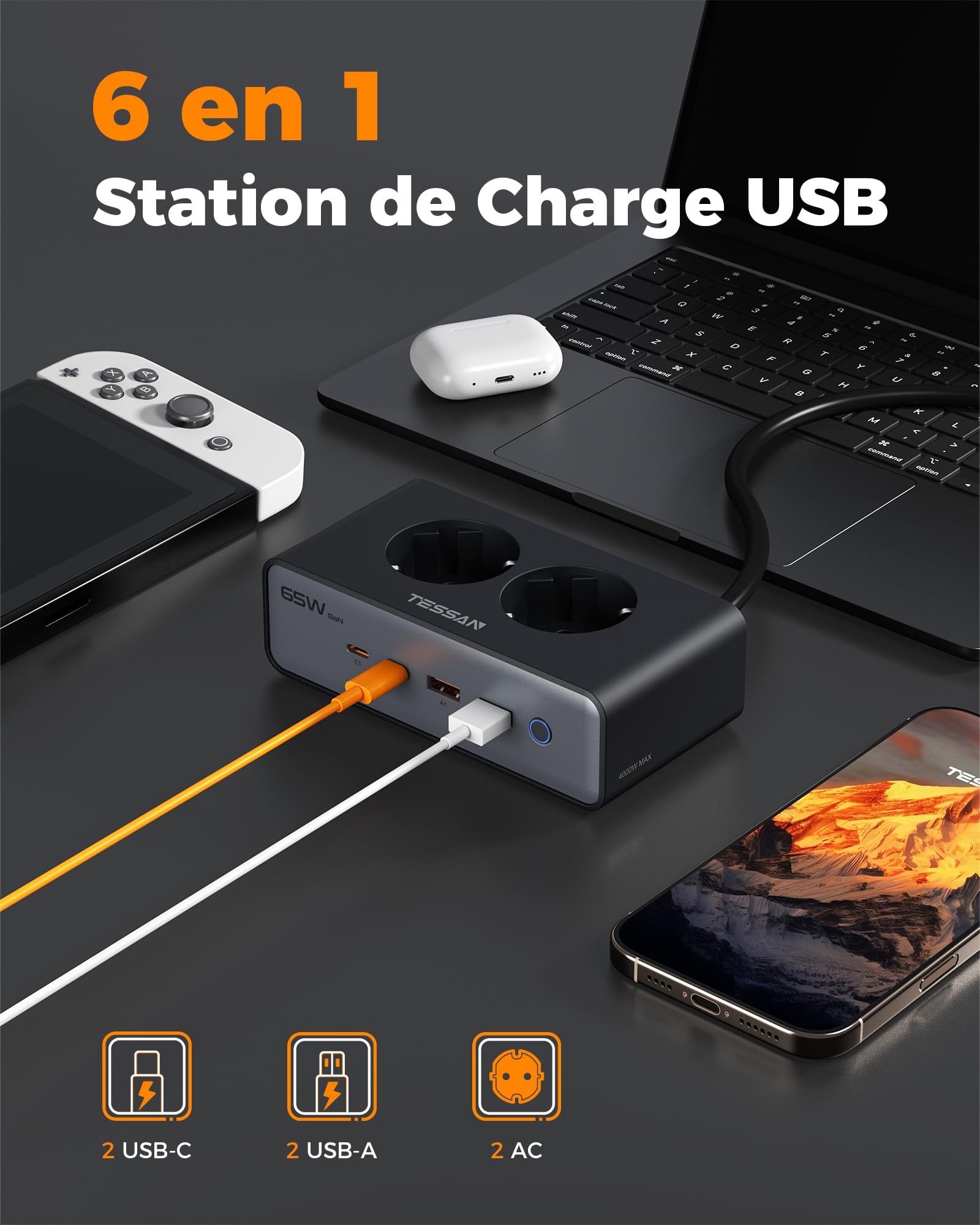 TESSAN Chargeur USB C, 6-en-1 Prise USB C avec 2 Prises CA, GaN PD 65W Station de Charge Rapide avec Interrupteur, Chargeur Multiple avec câble de Prolongation de 1,5 m pour Le Bureau et Les Voyages