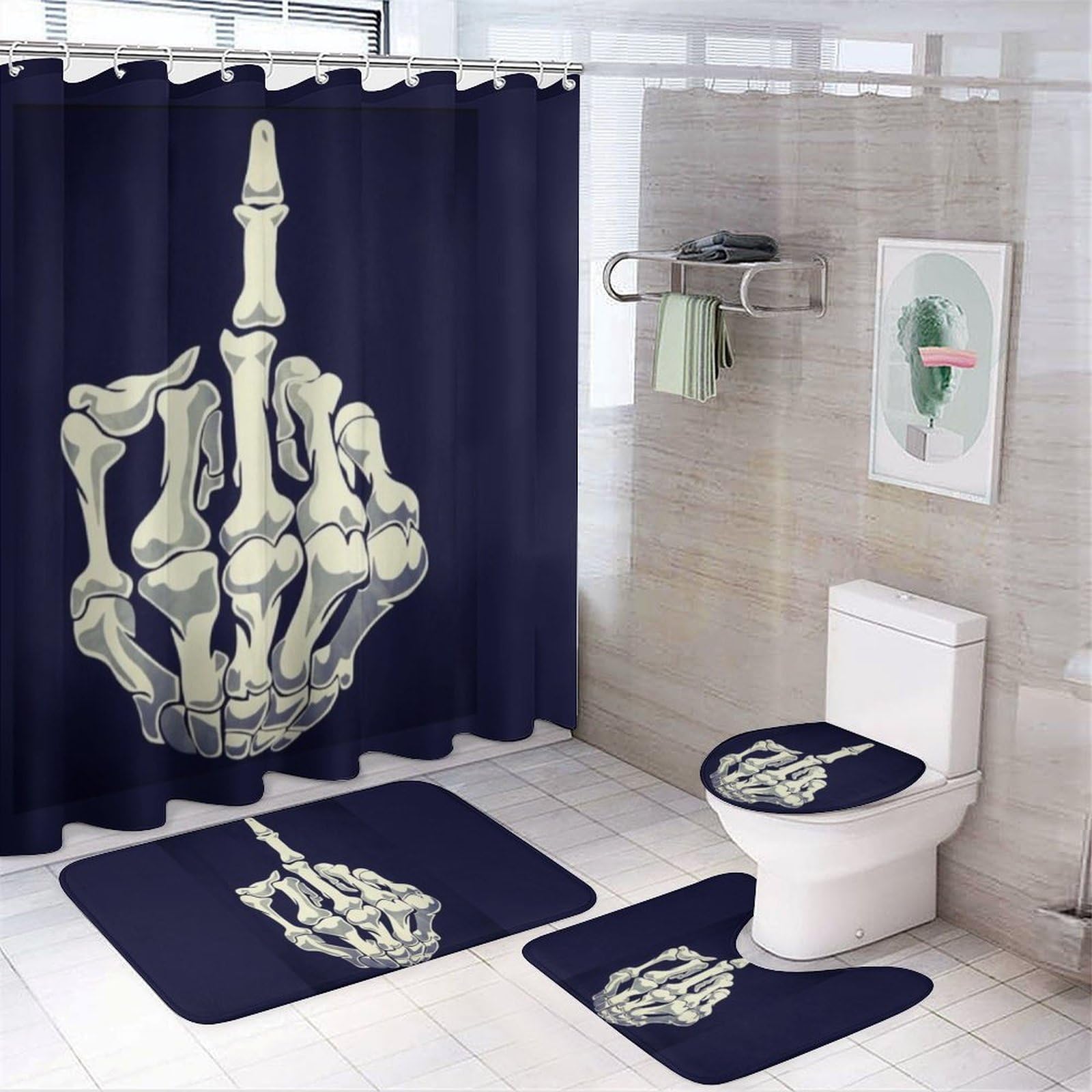 JZemdybill Bathroom Mat Set 4 Piece, Middle Finger Skull Shower Curtain with Non-Slip Bath Mats for Bathroom