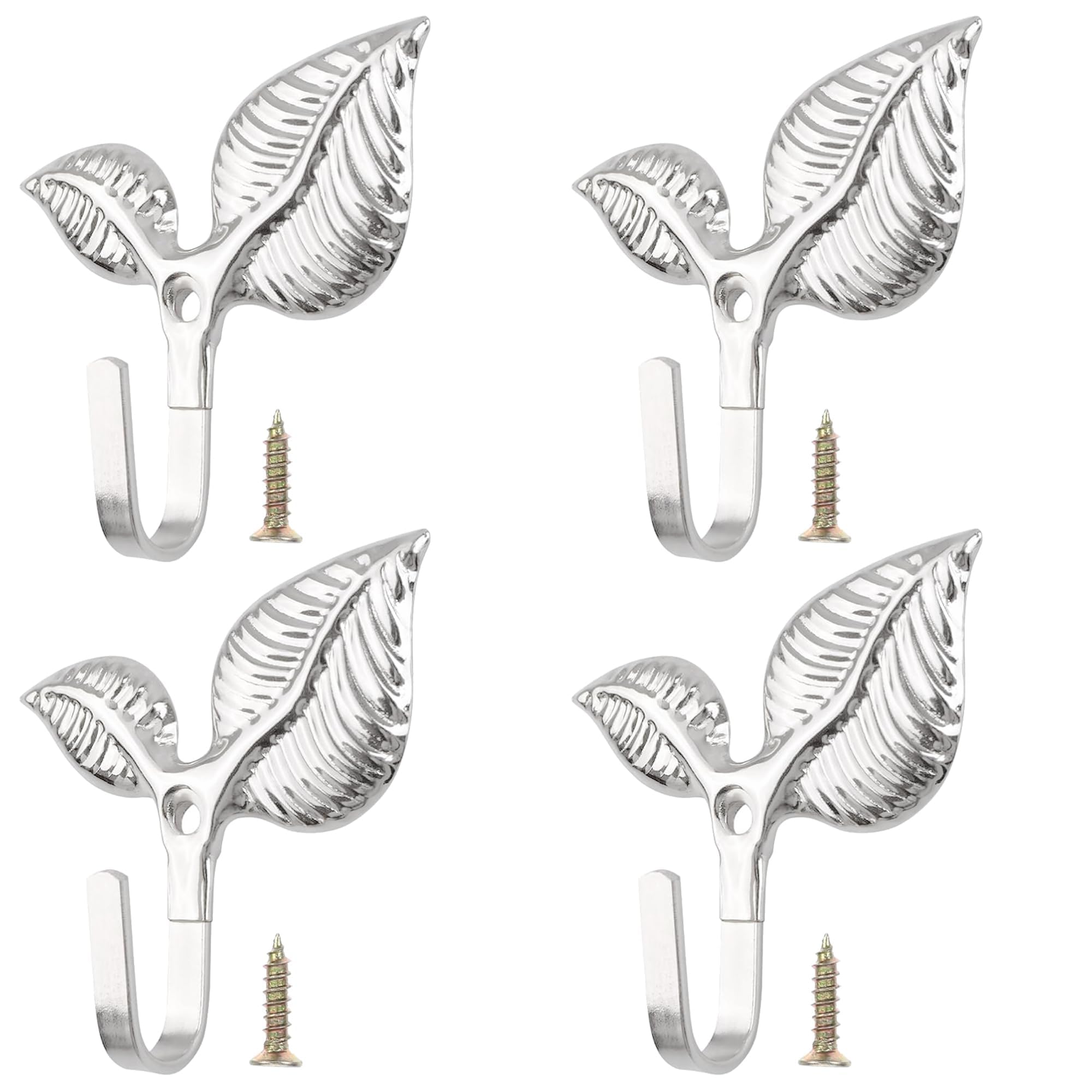 4Pcs Vintage Leaf Coat Hooks, Heavy Duty Cast Iron Wall Mounted Pegs, Rustic Anti-Rust Decorative Wall Hangers with Smooth Edge, Easy DIY Install Hooks for Hallway, Bathroom, Kitchen, Bedroom (Silver)
