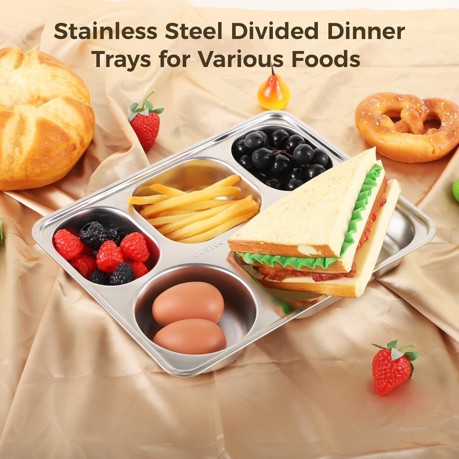 OMISTAR 8 Pcs Stainless Steel Divided Plates, Rectangular 5 Sections Portion Control Plates, Metal Food Tray for Lunch, Dinner, Campers, Picky Eaters, Unbreakable Lunch Container without Mixing Foods - Image 3