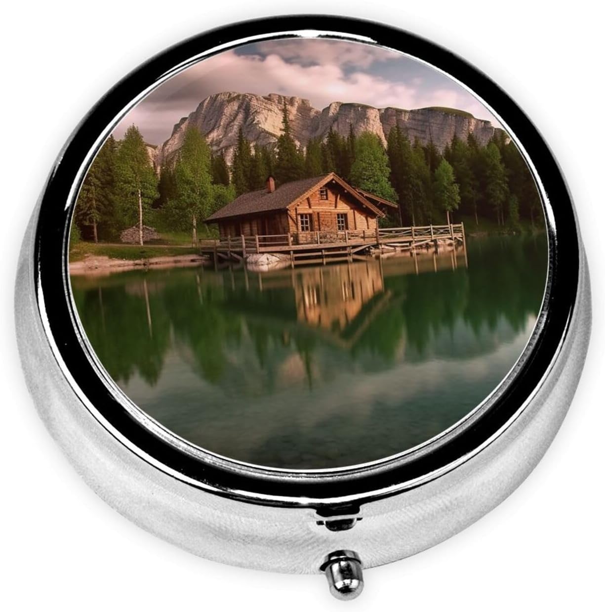 Lake and Wood Cottage Print Pill Box Round 3 Compartment Pill Case Portable Travel Pill Organizer Mini Medicine Storage Box for Pocket Purse Metal Decorative Pill Holder for Daily Medicine
