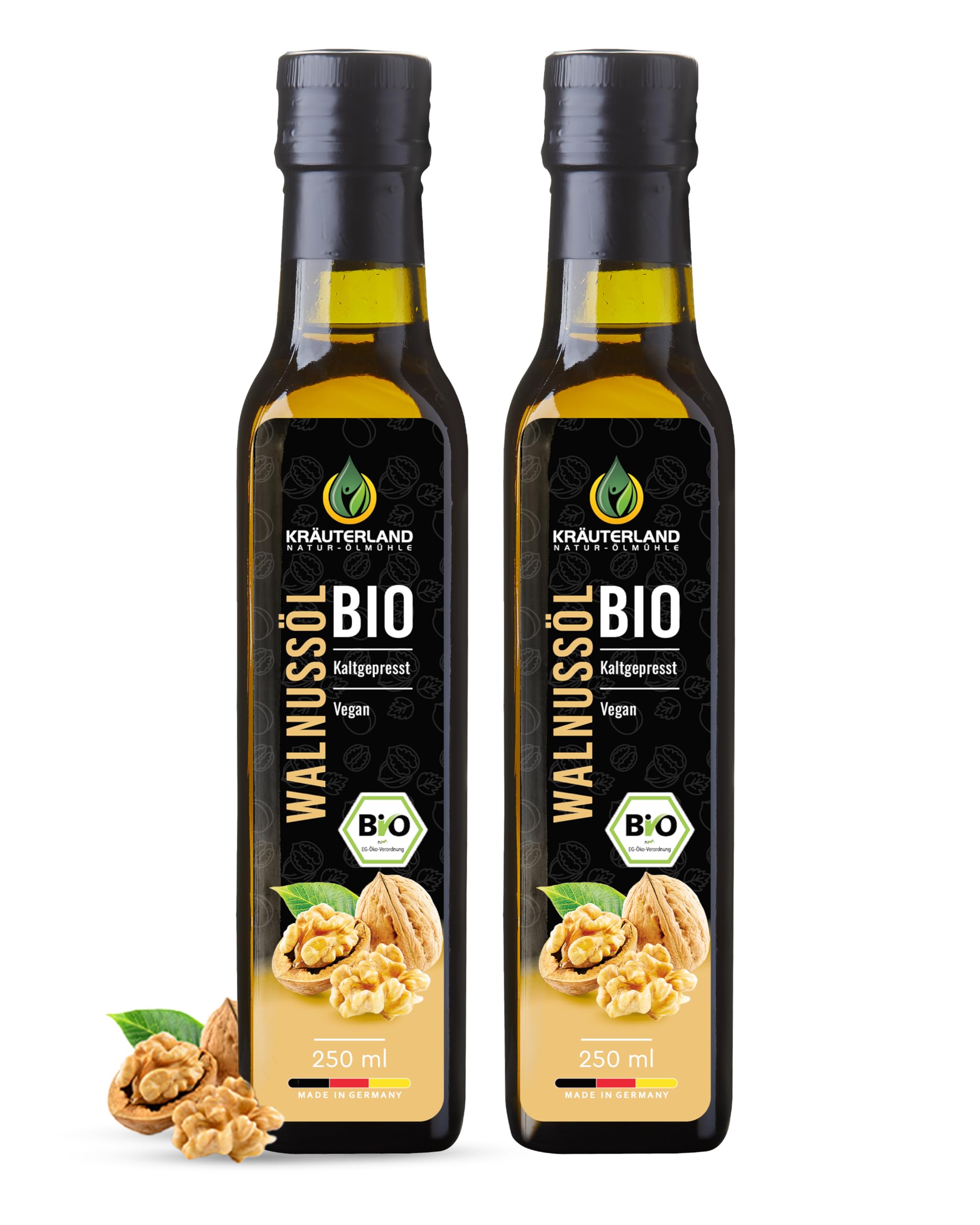 Kräuterland Bio Walnussöl 2X250ml (500ml), Bio Walnusskern, kaltgepresst, naturrein ohne Zusatzstoffe, Vegan & GVO-frei, Premium Qualität